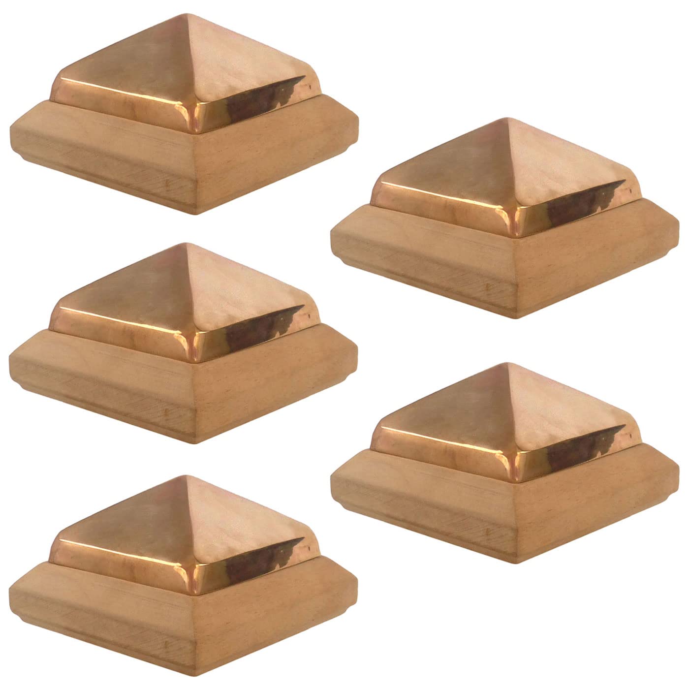4x4 Traditional Flat Wood Post Caps with Copper Pyramid (5-Pack) - One-Piece Miterless Design for Fence & Deck Protection (5, 3-1/2 in.) - Weatherproof Outdoor Post Toppers for Patio, Pergola and Garden Decoration