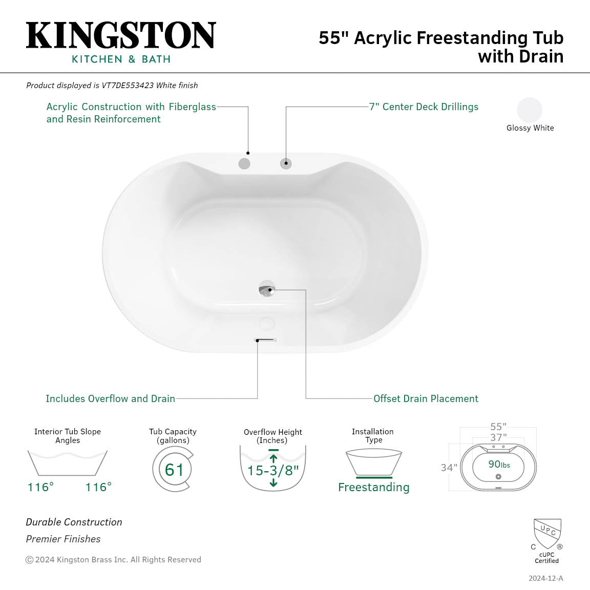 Aqua Eden VT7DE553423 55-Inch Freestanding Acrylic Oval Bathtub with Drain - Glossy White - Perfect for Luxury Bathrooms & Spa Retreats
