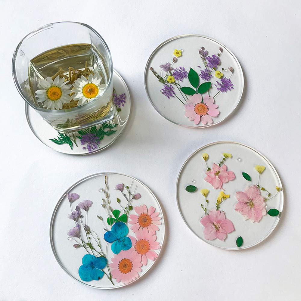 Epoxy Resin Coasters Set of 4 - Colorful Floral Design Reusable Drink Cup Mats for Dining Table, Kitchen & Home Decor - Perfect for Coffee, Tea, Wine Glasses & Beverage Protection (BD0001)
