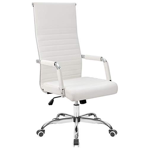 Premium High Back Leather Office Chair - Modern Executive Desk Chair with Adjustable Height, Lumbar Support & Armrests - Ergonomic Task Chair for Home Office, Conference Rooms & Workspaces (White)