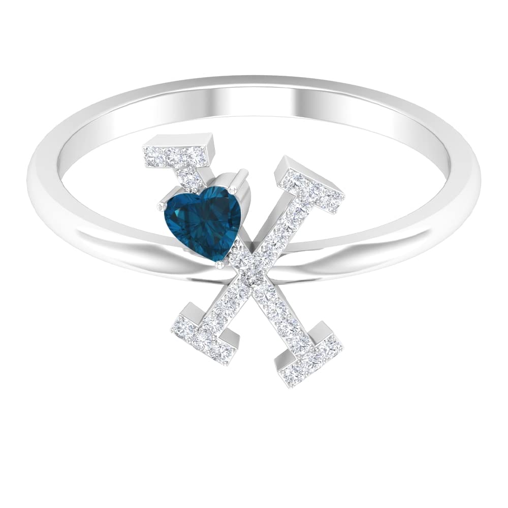 Exquisite London Blue Topaz & Diamond Rings | Diamond Alphabet A-Z Initial Rings for Women | 14K White Gold Heart Rings | Perfect for Engagements, Anniversaries & Special Gifts