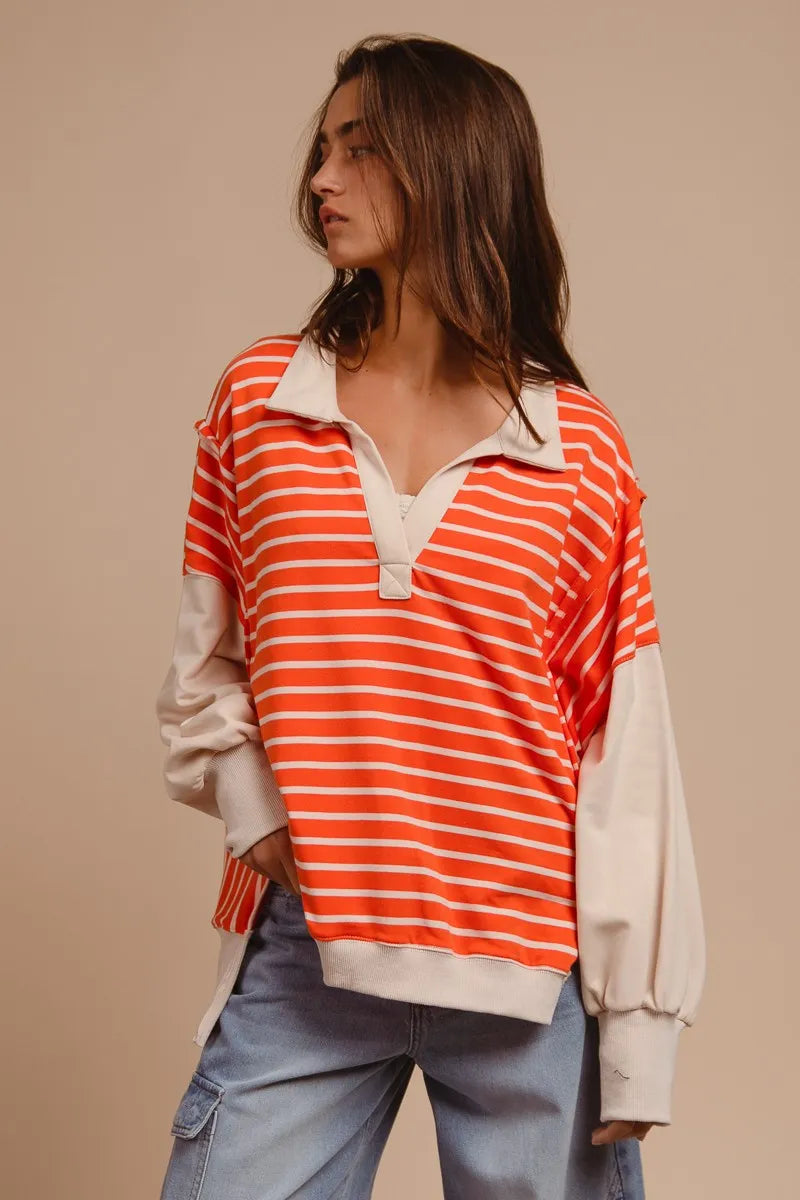BiBi Stripe Knit Loose Fit T-Shirt with Cut Edge Detail - Casual Women's Top for Everyday Wear, Outings & Layering