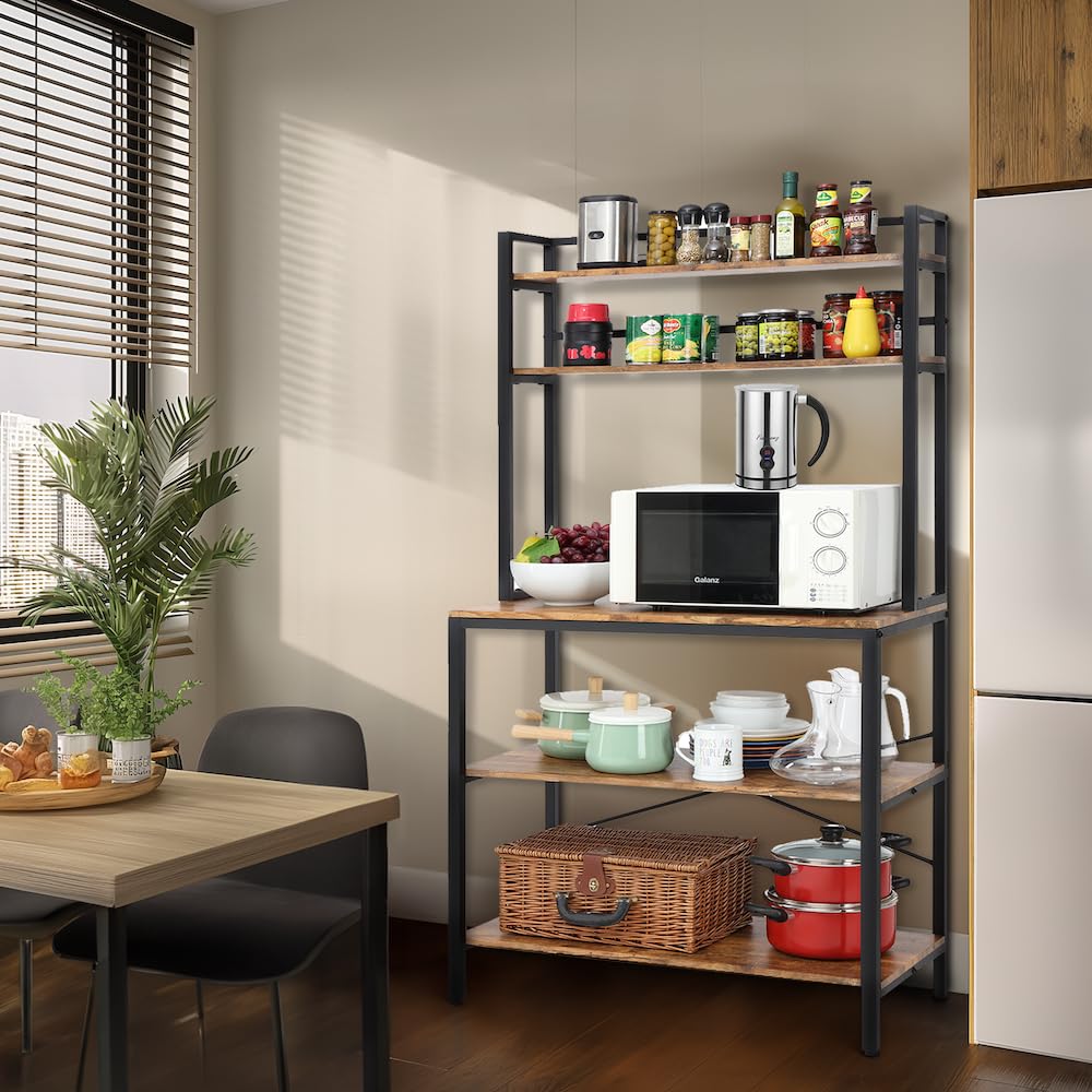 Finnhomy 5-Tier Wooden Kitchen Bakers Rack with Storage Shelves & Hutch - Freestanding Microwave Stand for Pantry, Living Room - Rustic Brown (15.75