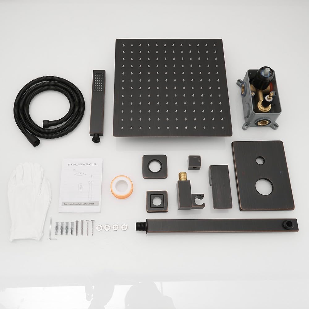 Oil Rubbed Bronze Rain Shower Faucet Set - 12 Inch Square Shower Head with Handheld Spray & Waterfall Showerhead - All Metal Shower System with Trim Repair Kits (Includes Shower Valve) - Perfect for Bathroom Remodel & Luxury Spa Experience