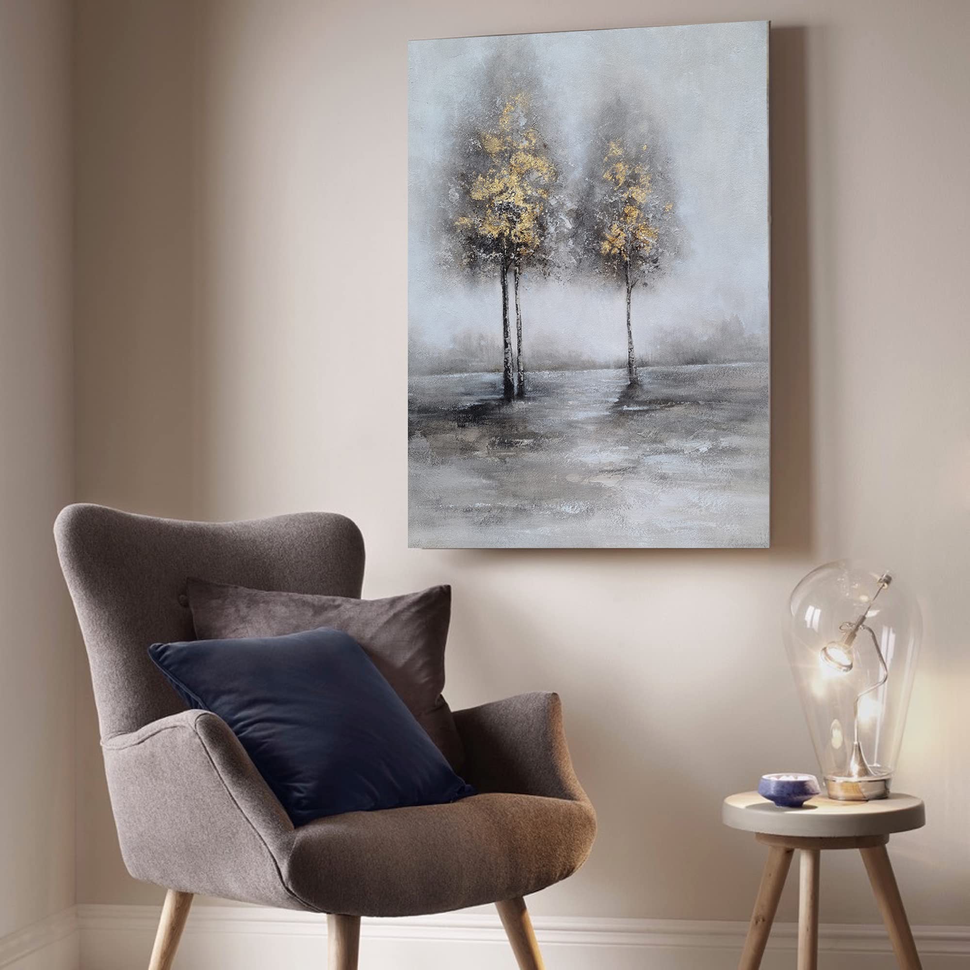 Modern Abstract Tree Wall Art - Grey & White Canvas Painting Prints for Home Decor | Perfect for Kitchen, Living Room & Dining Room | Handmade Artwork for Stylish Interior Design