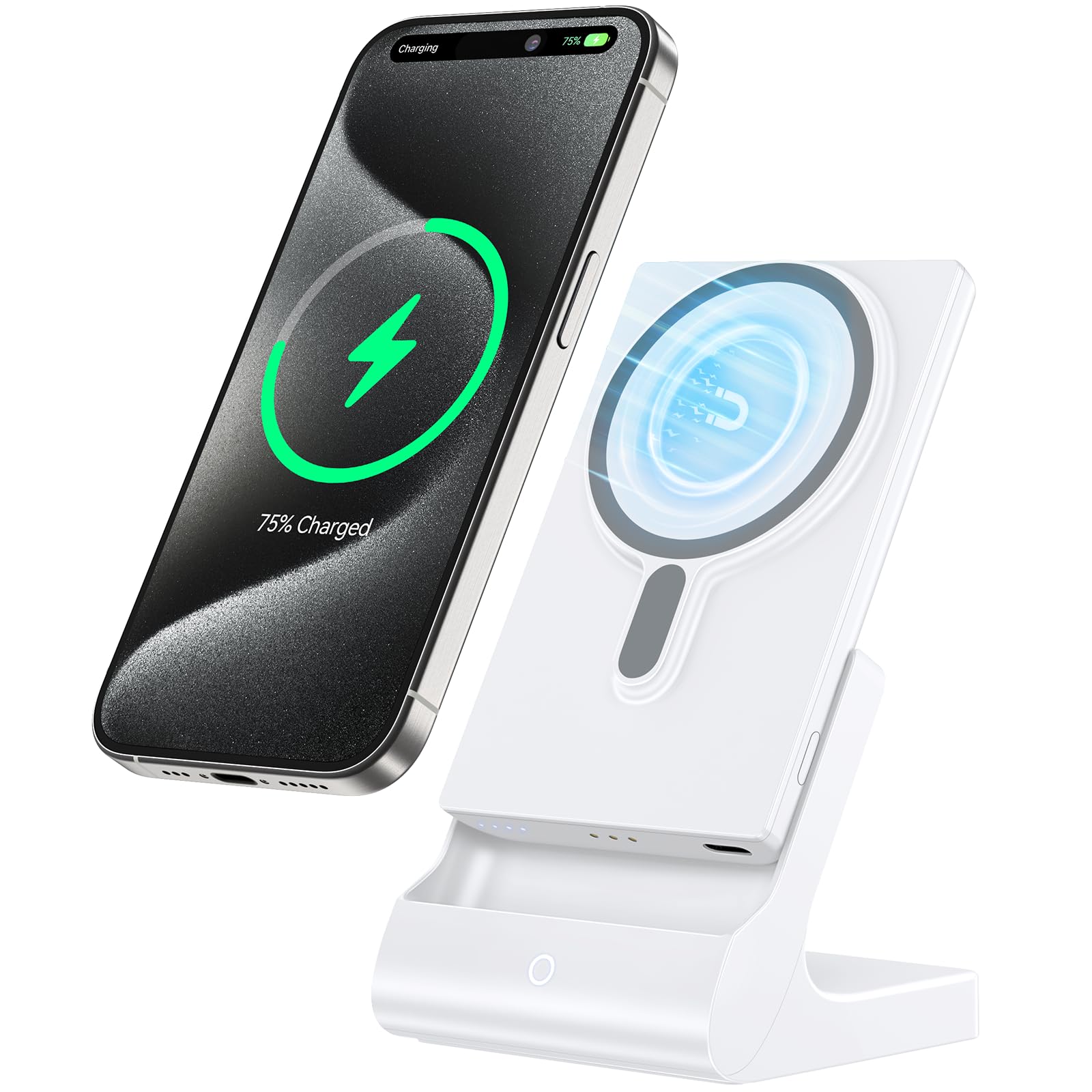 Magnetic Wireless Charger & 5000mAh Power Bank for iPhone 15 14 13 12 Pro Max/Pro/Plus/Mini - Portable Detachable MagSafe Battery Pack with Fast Charging Stand & USB-C Cable | Perfect for Travel, Office & On-the-Go Charging