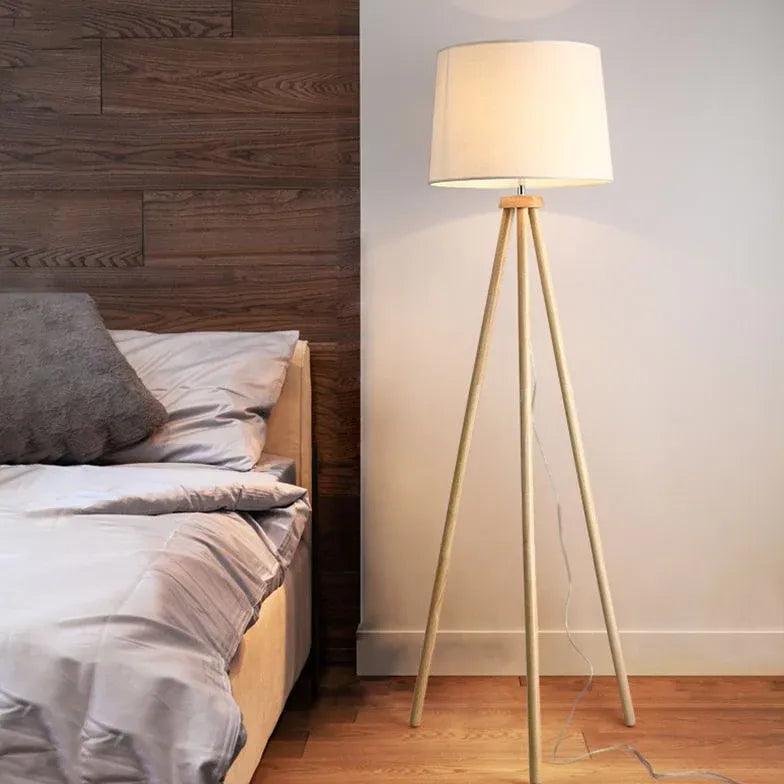 Modern White Cylindrical Wooden Tripod Floor Lamp - Adjustable Height Living Room Lighting for Bedroom, Office & Reading Nook - Warm Ambient Light for Cozy Home Decor
