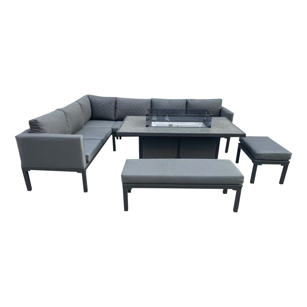 Malaga Grey L-Shaped Luxury Rattan Patio Set with Rectangular Fire Pit Table - Outdoor Furniture for Backyard, Garden & Poolside Relaxation