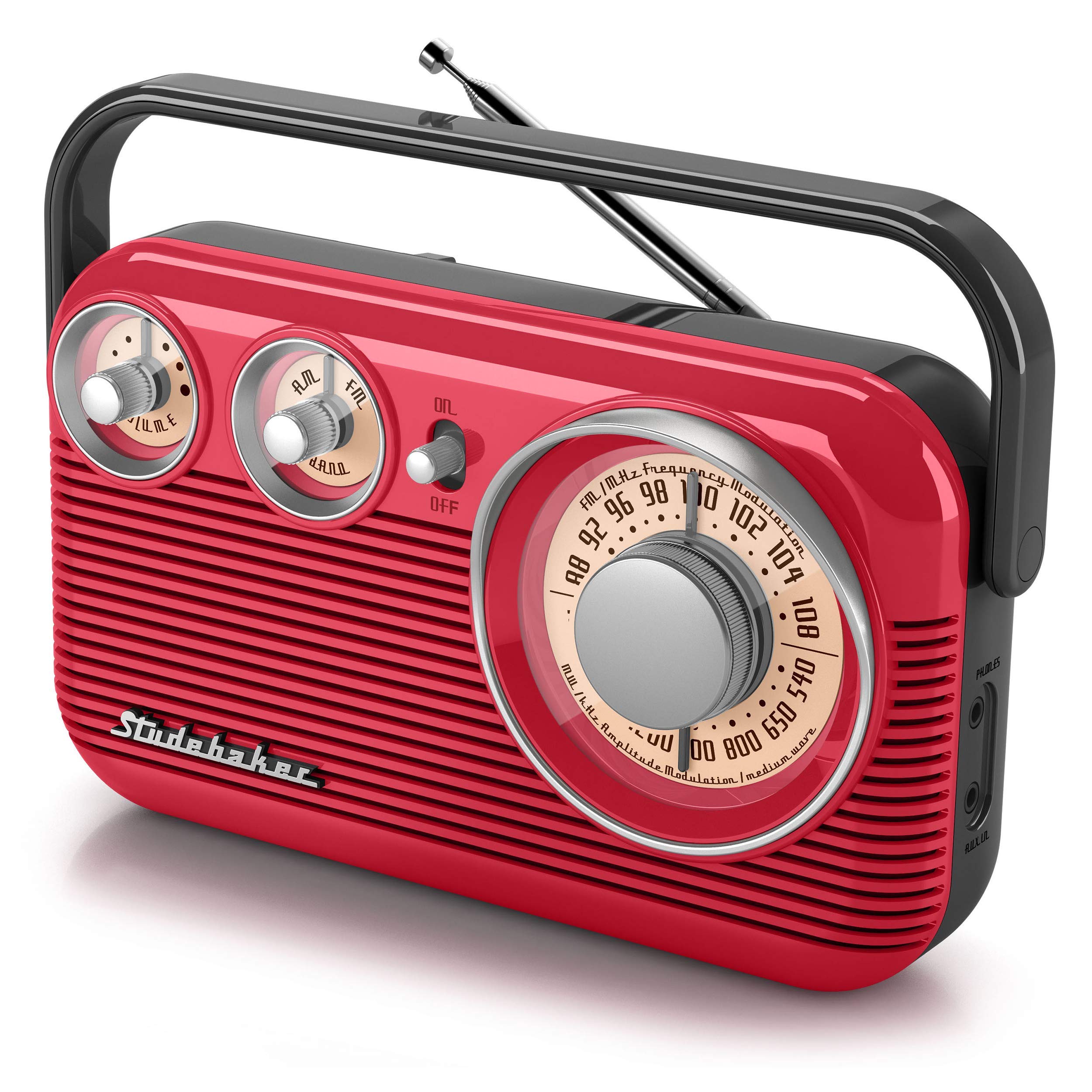 Studebaker SB2003 Retro Portable AM/FM Radio with Bluetooth, Headphone Jack & Built-in Speaker - Vintage Style Wireless Radio for Home, Office, Camping, Emergency (Red/Black)