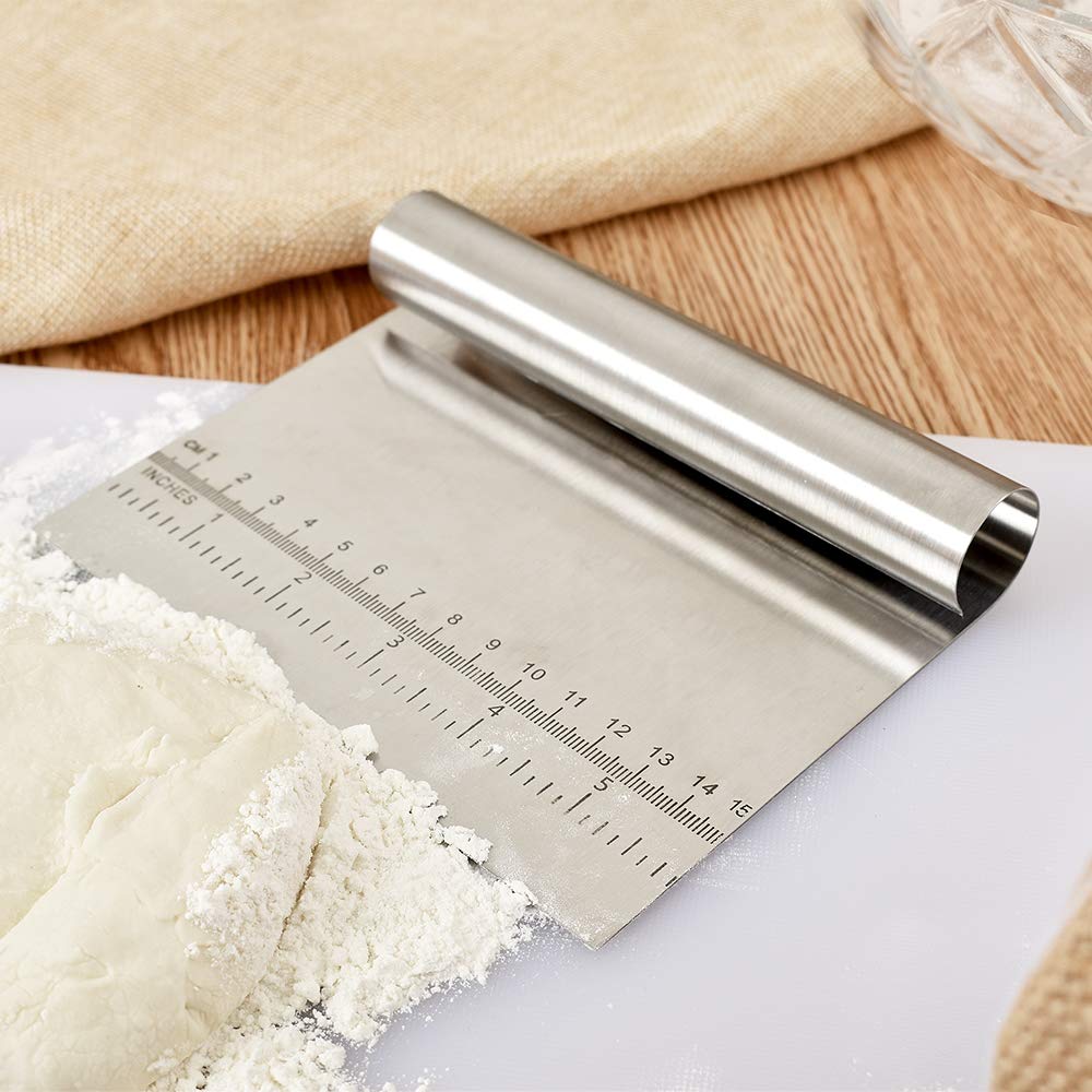 Cozihom 2-Pack Stainless Steel Dough Scraper with Measuring Scale - Multi-Purpose Pastry Cutter, Pizza Dough Divider, Bread Knife for Baking, Cooking & Kitchen Prep