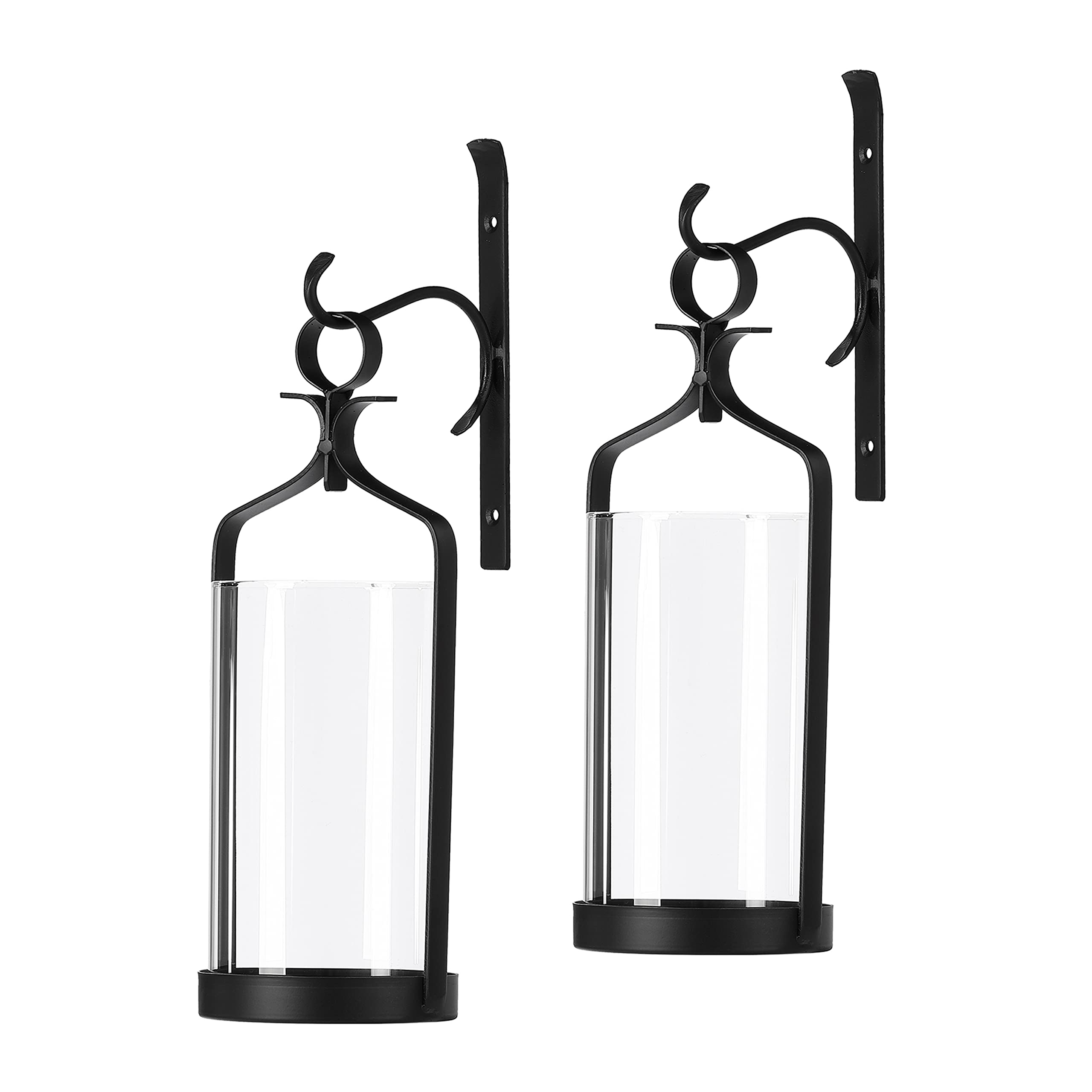 Black Metal Hanging Hurricane Glass Wall Sconce Candle Holder Set of 2 - Vintage Wall Decor for Living Room, Bedroom, or Patio Lighting