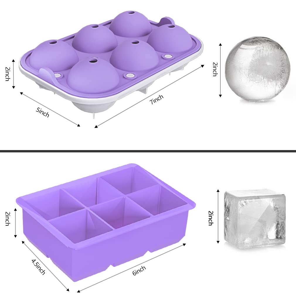 ROTTAY 2-Pack Silicone Ice Cube Trays - Sphere Ice Ball Maker & Large Square Ice Mold with Lids for Whiskey, Cocktails, Cold Drinks - Perfect for Home Bars, Parties, and Keeping Beverages Chilled (Purple)