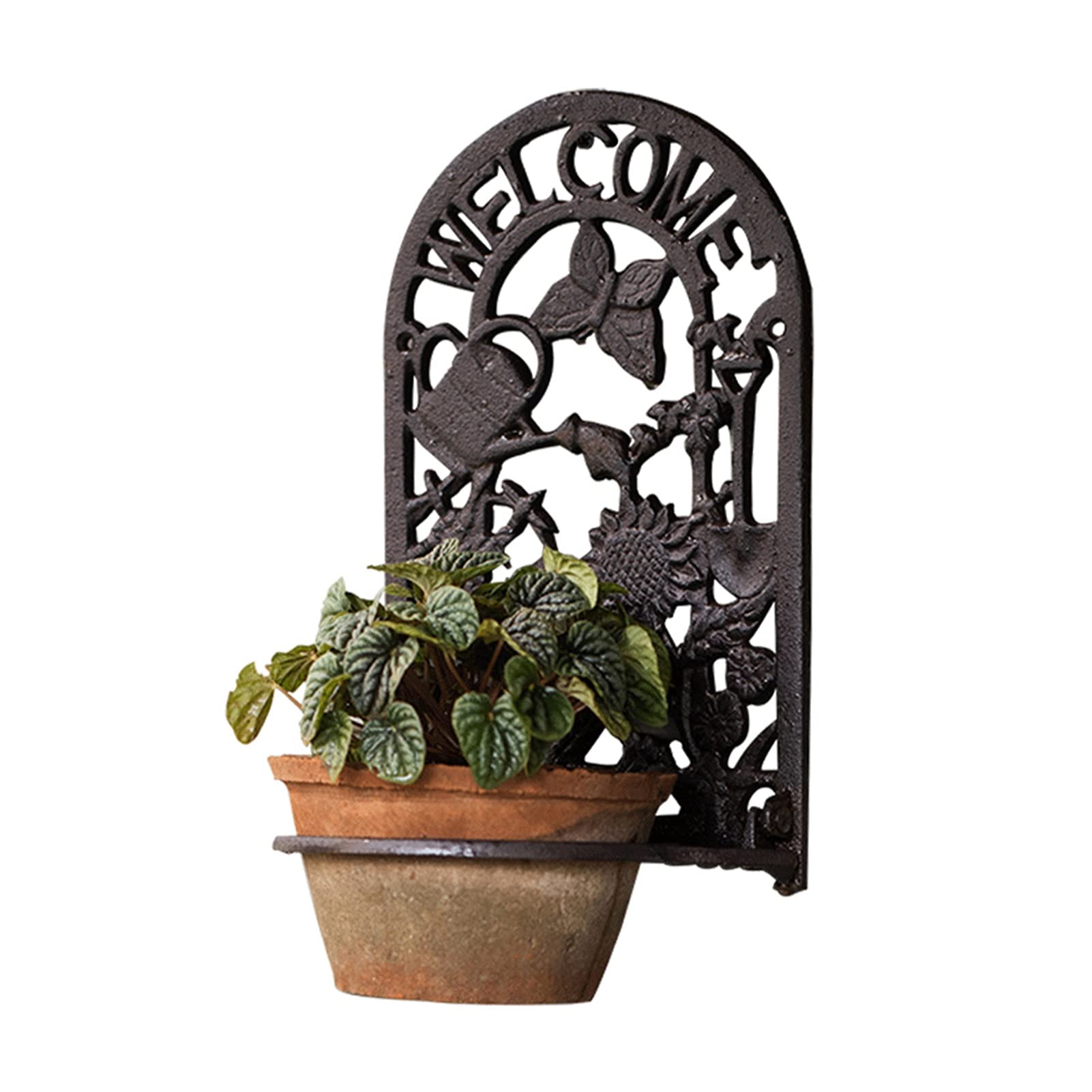 Heavy Duty Cast Iron Wall Mounted Planter Holder - Decorative Flower Pot Display Stand with Sunflower & Butterfly Design for Indoor/Outdoor Garden Decor