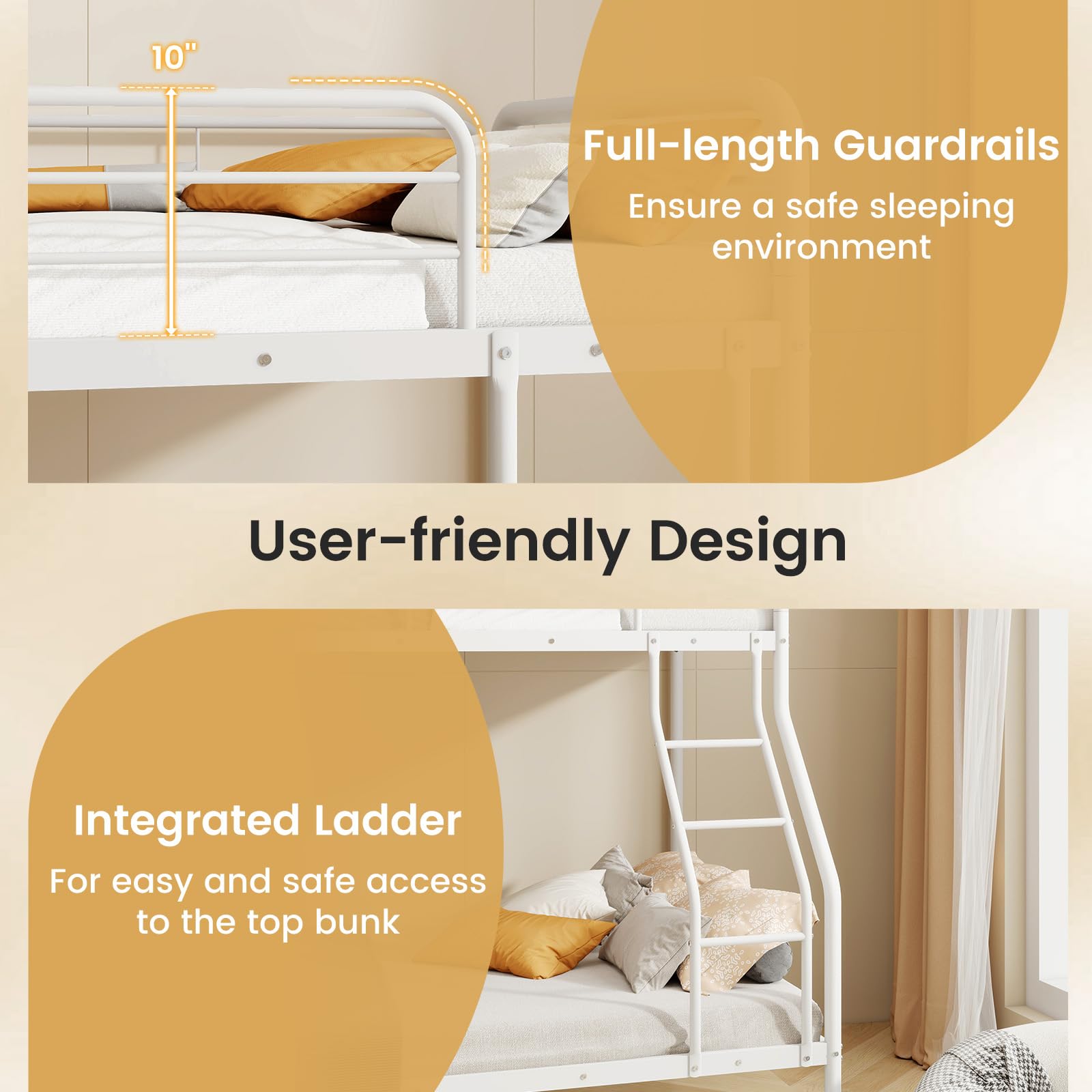 Giantex Heavy Duty Metal Bunk Bed Twin Over Full Size - Sturdy Bunk Bed for Teens & Adults with Ladder & Safety Guardrails - Space Saving Bunk Bed for Dorm, Bedroom, Apartment - No Box Spring Needed (White) - Perfect for Small Spaces & Shared Rooms