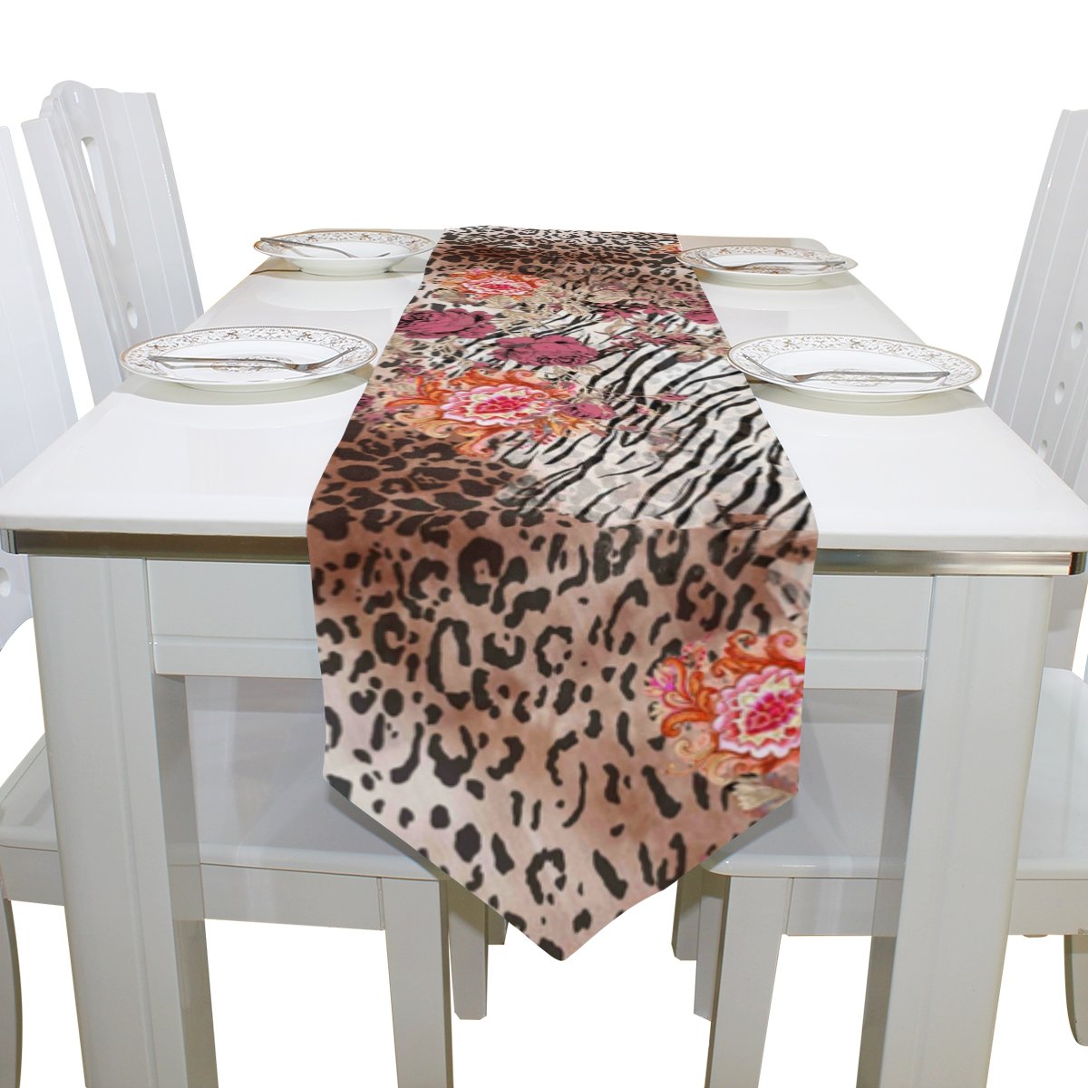 SAVSV 13 x 70 Inch Animal Print Floral Fabric Table Runner - Washable Dining Table Decor for Kitchen, Wedding, Party, Holiday & Home Decoration