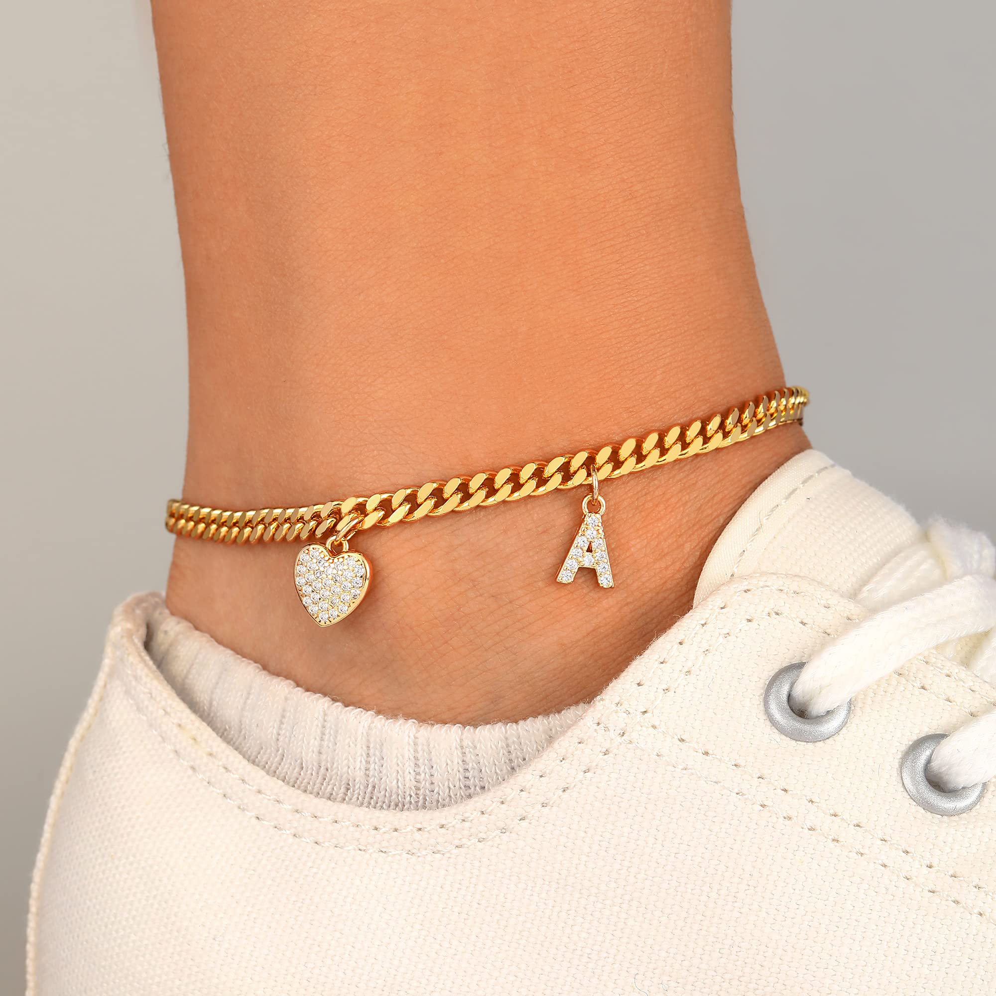 14K Gold Plated Heart Butterfly Initial Tennis Cuban Ankle Bracelet for Women - Personalized Charm Anklet with Cuban Chain - Perfect for Gifts, Beach Wear, and Summer Fashion