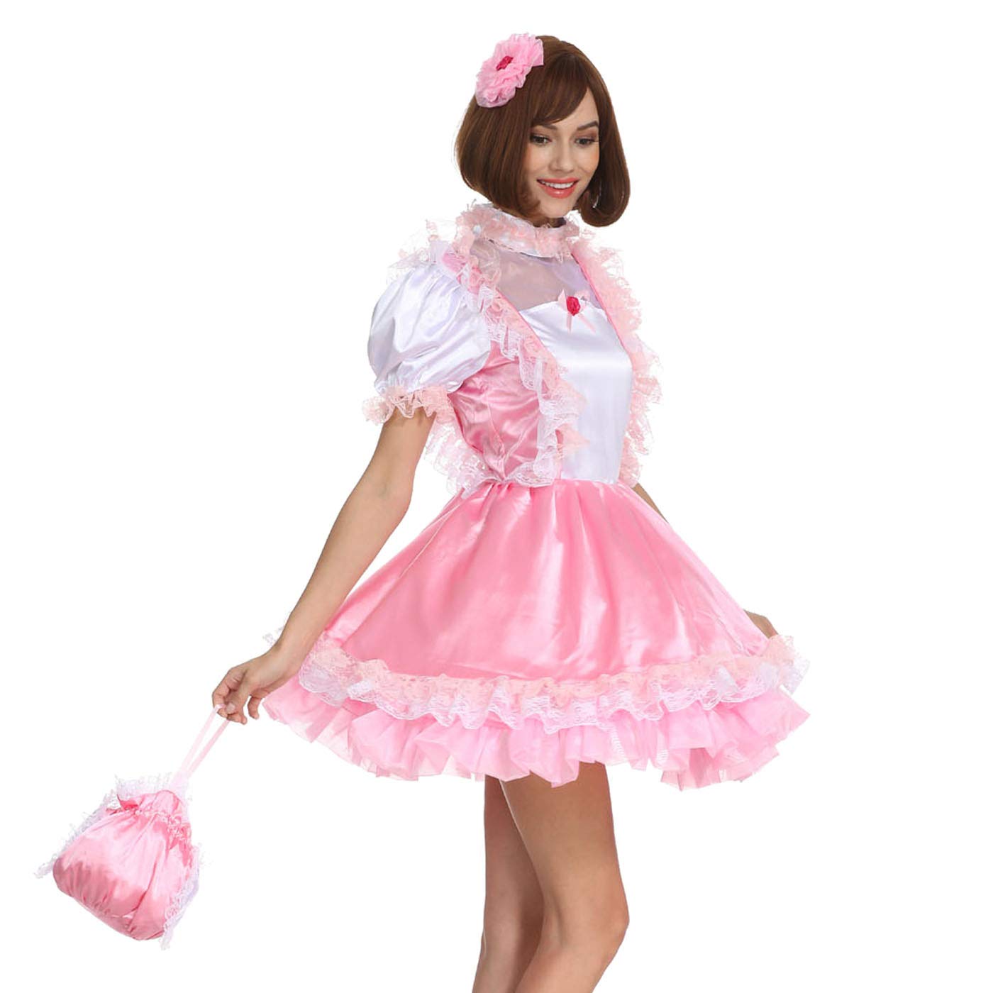 Sexy Pink and White Satin French Maid Dress with Ruffled Sleeves - Women's Crossdressing Costume for Cosplay, Halloween & Role Play