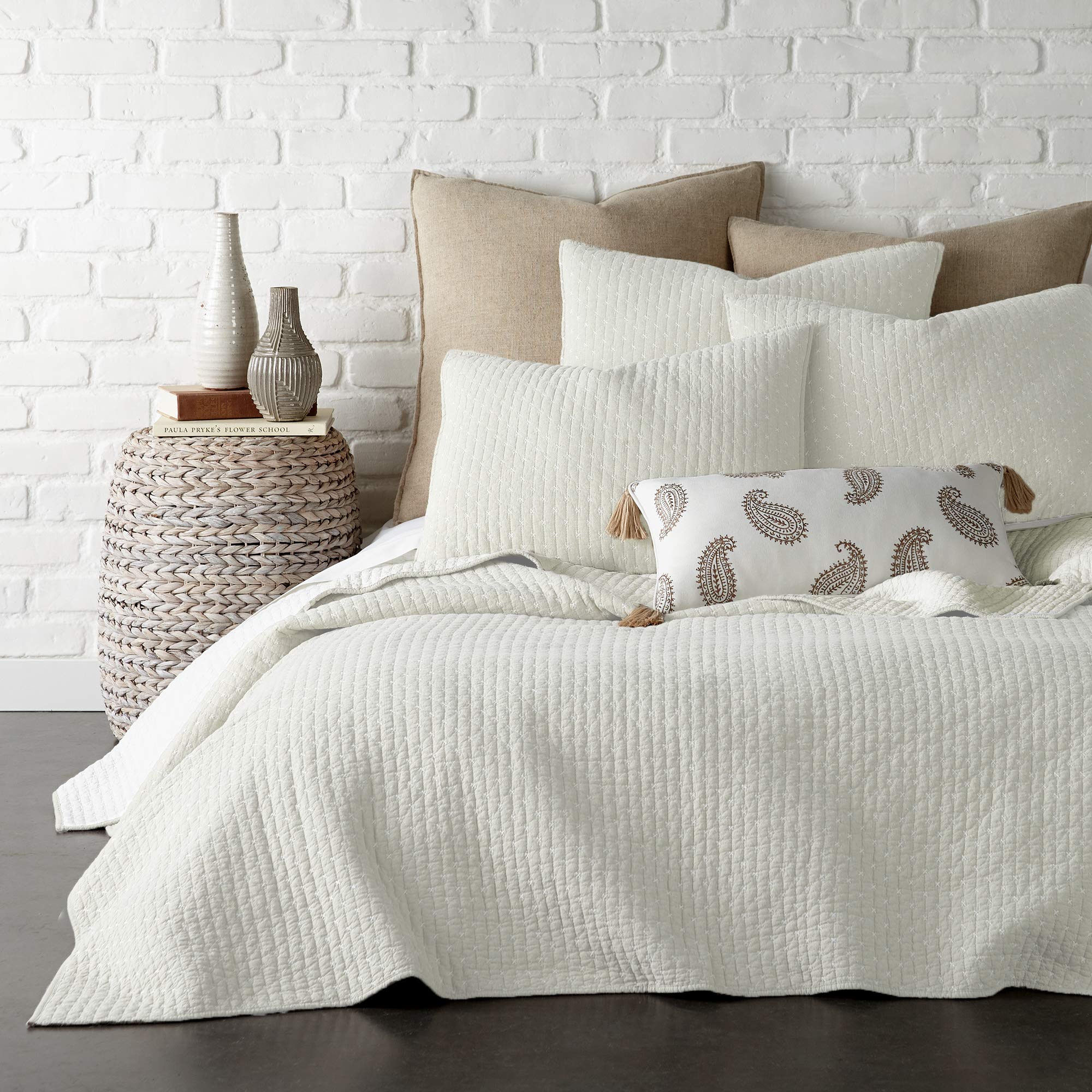 Levtex Home 100% Cotton King Size Cross Stitch Quilt Set - Cream (106x92in Quilt + 2x36x20in Shams) - Luxury Bedding for Master Bedroom & Guest Room