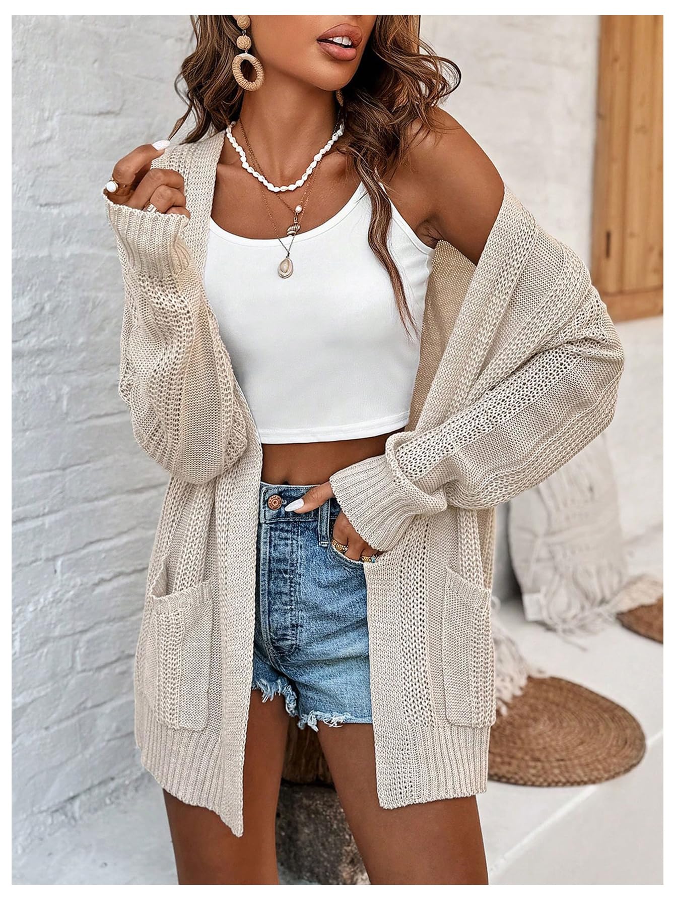 GORGLITTER Women's Long Cardigan - Crochet Boho Open Front Knit Sweater with Long Sleeves, Loose Fit Cardigan for Women | Perfect for Fall, Winter, Layering & Casual Outfits