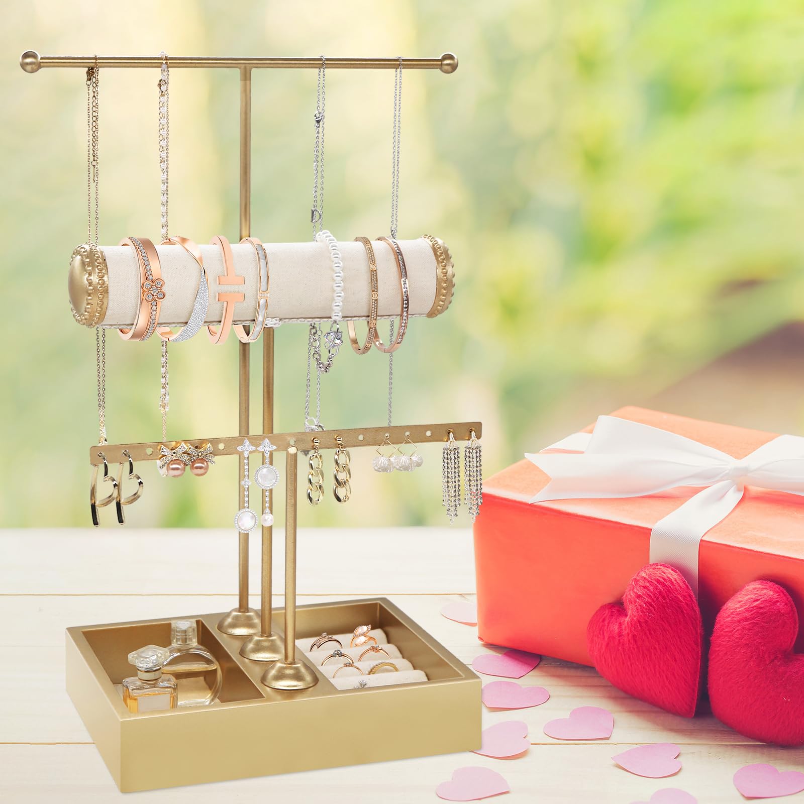 3-Tier Gold Jewelry Organizer Stand - Necklace, Earring, Bracelet & Ring Holder Display Tower | Perfect for Bedroom Vanity, Closet Organization & Jewelry Store Display