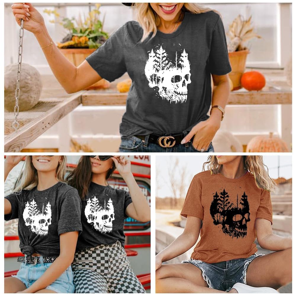 Funny Women's Skull Graphic T-Shirt - Vintage Skeleton Print Gothic Tee - Casual Short Sleeve Holiday Top for Halloween, Concerts & Casual Wear