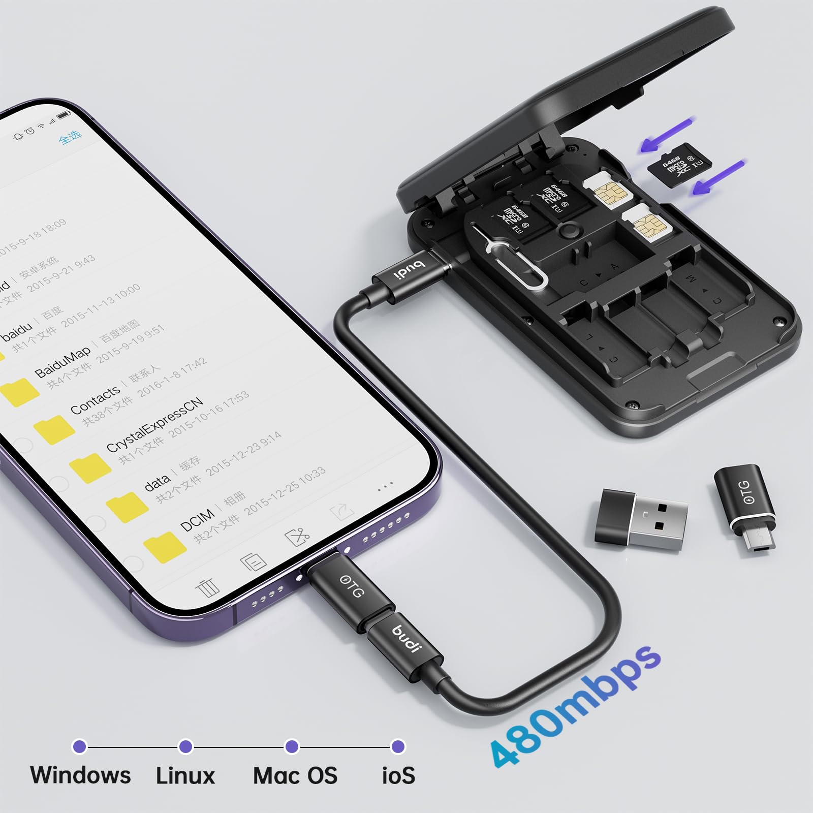 BUDI Travel 5-in-1 Watch & Phone Charger - 15W Wireless Charging, USB-C Cable & OTG Adapter Kit - Compact Multifunctional Data Transfer Case for iPhone, Samsung, Smartwatches - Perfect for Travel, Business & Daily Use