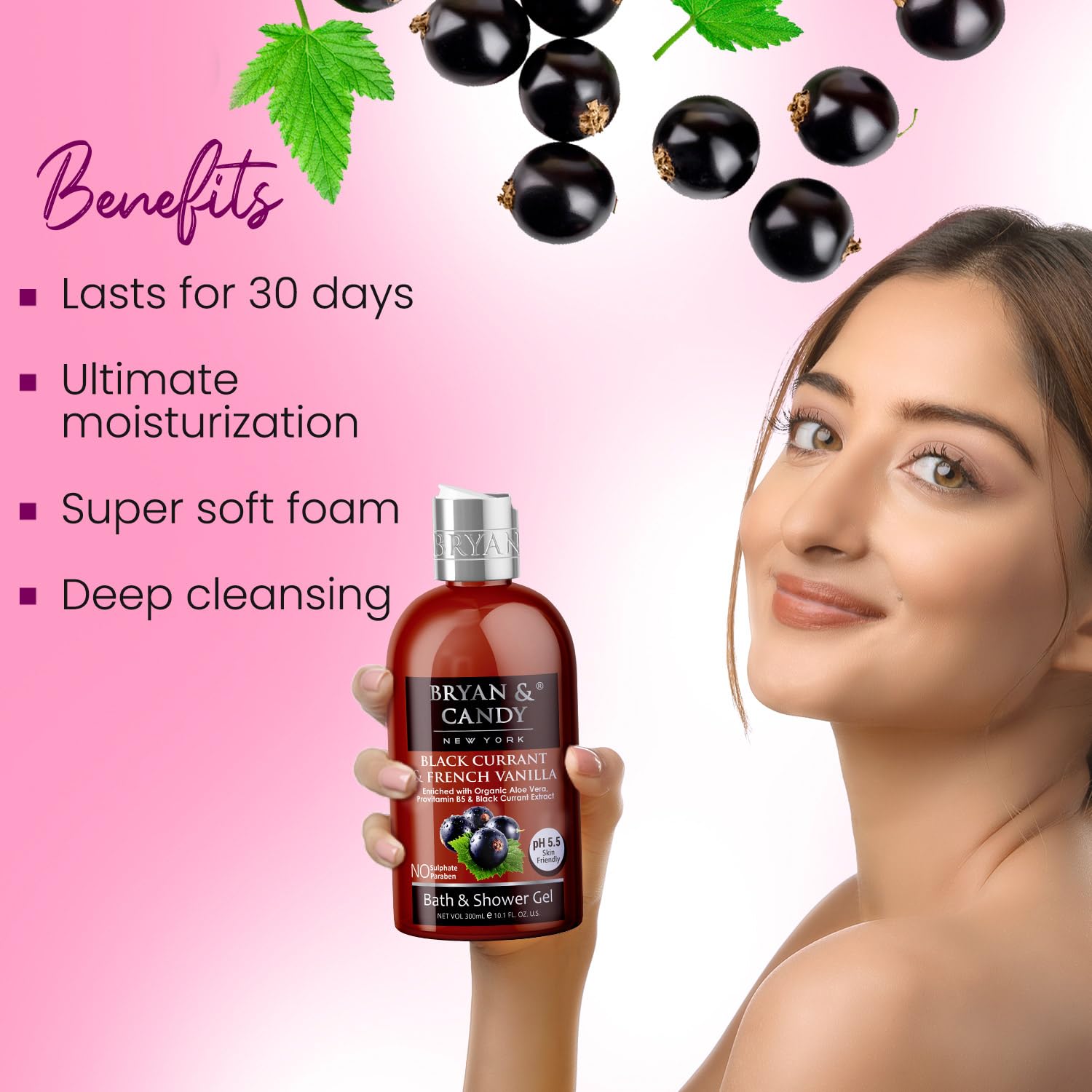 Bryan & Candy Aloe Vera Shower Gel - Gentle Moisturizing Body Wash for Soft, Supple Skin | Black Currant Scented (300ml) | Perfect for Daily Hydration & Relaxing Bath Time