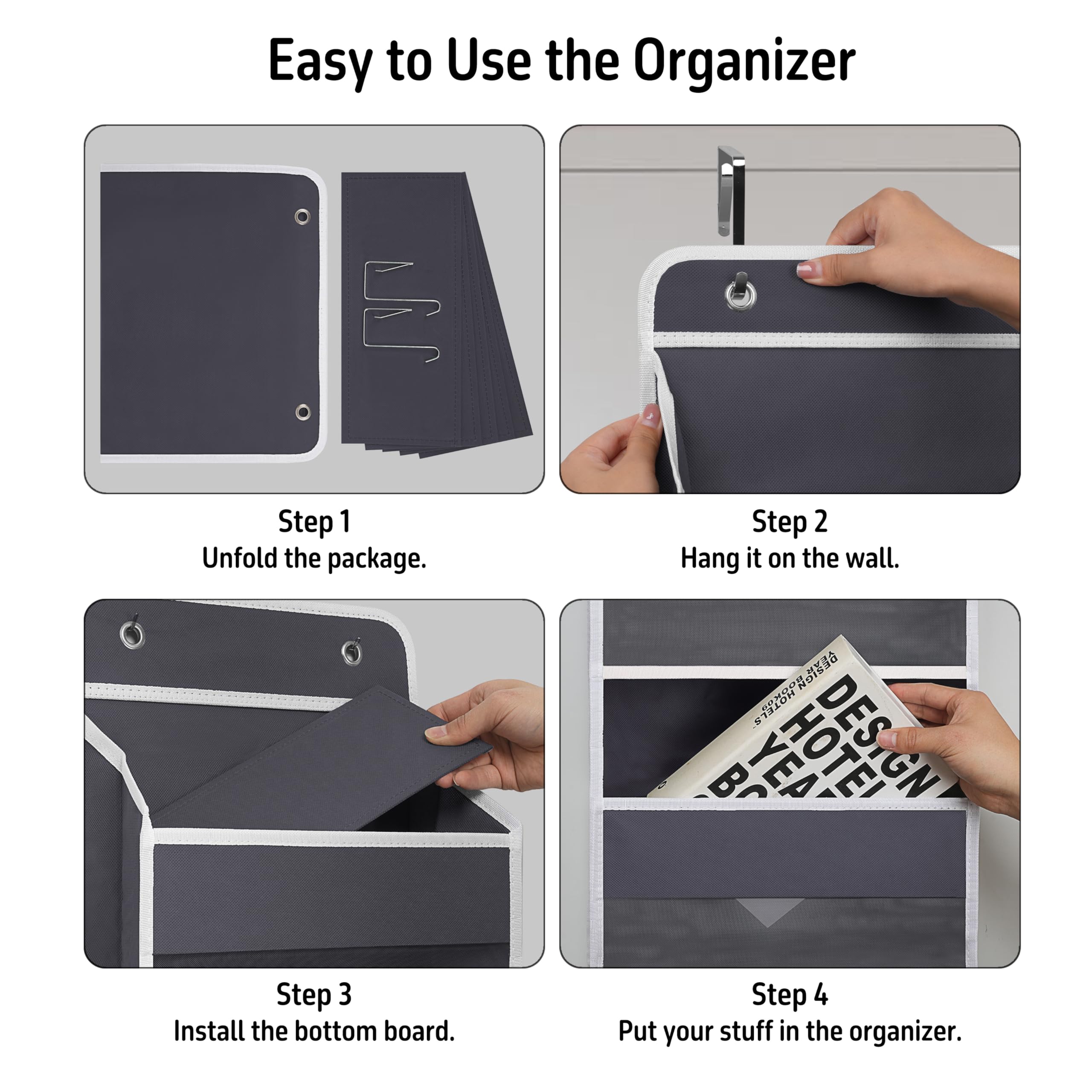 Over The Door Hanging Organizer with 4 Large Pockets - Space Saving Storage for Closet, Bathroom, Nursery & Dorm - Perfect for Organizing Toys, Cosmetics, Baby Essentials & Accessories - Gray - Ideal for Small Spaces, College Dorms & Home Organization