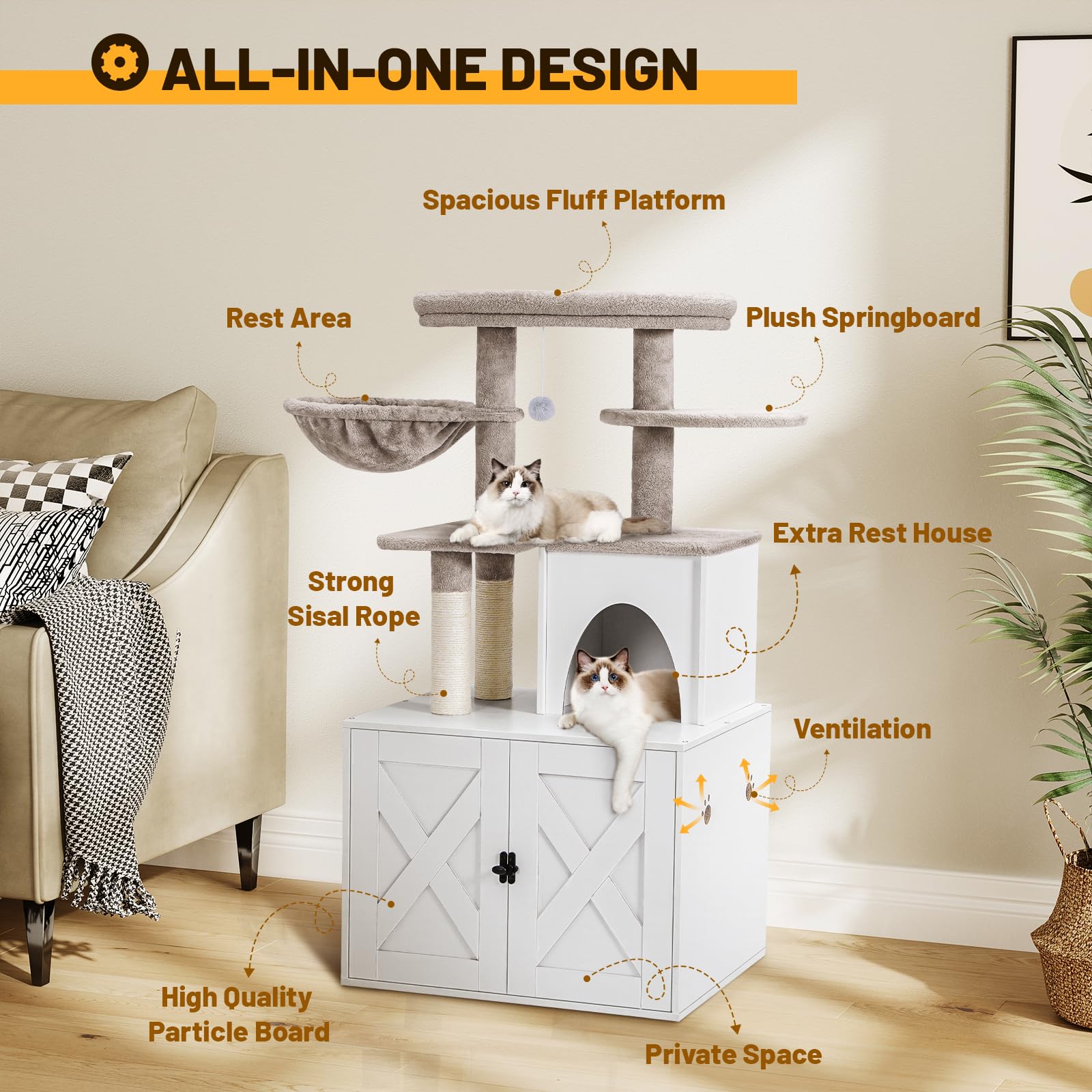 Snughome Wooden Cat Litter Box Enclosure with Cat Tree Tower & Condo - Hidden Cat Washroom Furniture with Sisal Scratching Post, Soft Plush Perch & Multiple Platforms - White - Perfect for Small Spaces & Multi-Cat Homes