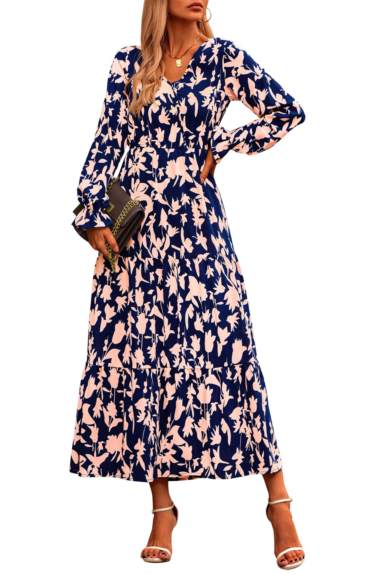 NOLLSOM Women's 2024 Fall Boho Maxi Dress - Long Sleeve V-Neck Floral Print Casual Dress for Wedding Guest, Party, Date Night & Autumn Outings