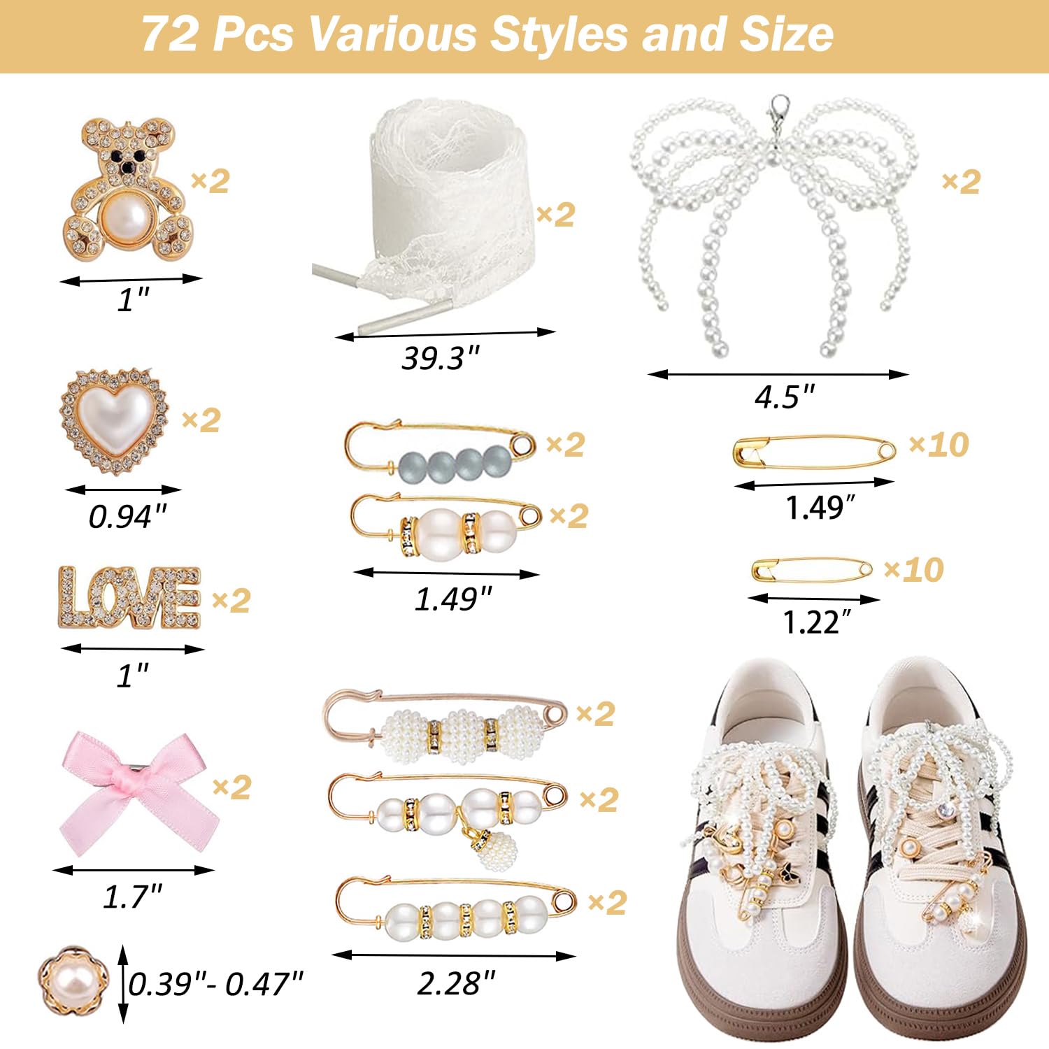 72 Pcs Sneaker Charms - Pearl Rhinestone Shoe Jewelry for Women | Stylish Shoelace Charms, Brooches & Safety Pins | Perfect for Sneakers, Socks & Clothing Accessories | Great for Casual Wear, Parties & Fashion DIY Projects