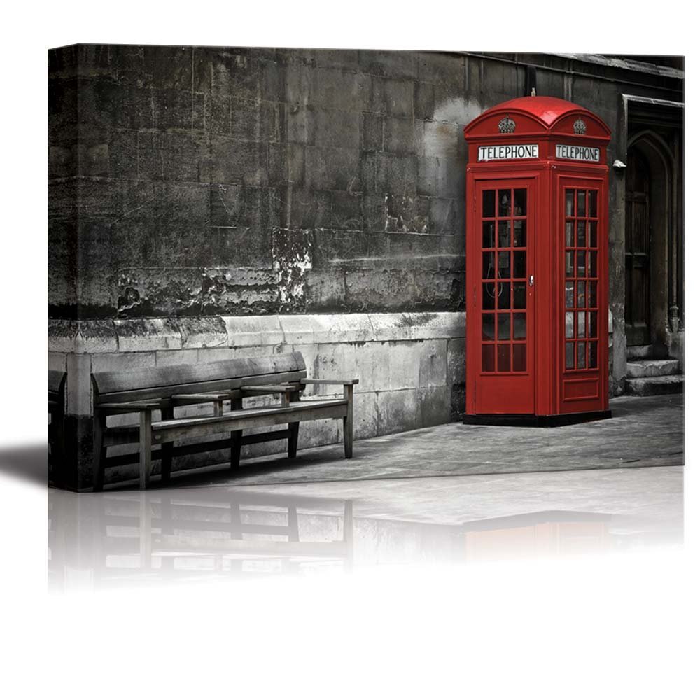 Wall26 - Black and White London Red Telephone Booth Canvas Art with Color Accent - 32x48 Inches - Modern Home Decor for Living Room, Bedroom & Office