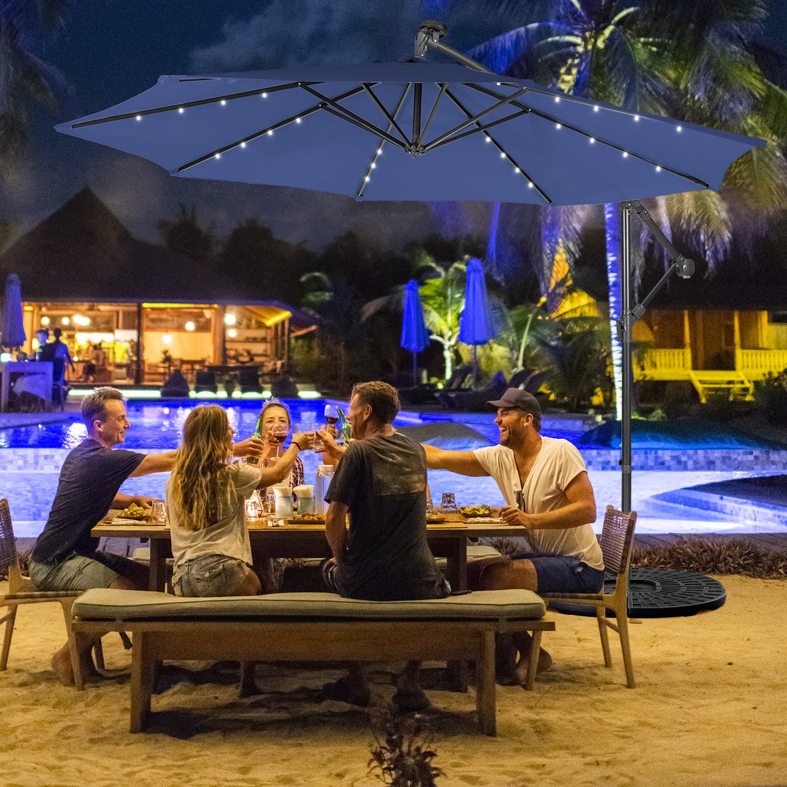 Giantex 10 Ft Solar Powered LED Patio Umbrella with 8 Ribs & Tilting Adjustment - Heavy Duty Cantilever Outdoor Umbrella for Pool, Garden, Deck, and Backyard Relaxation