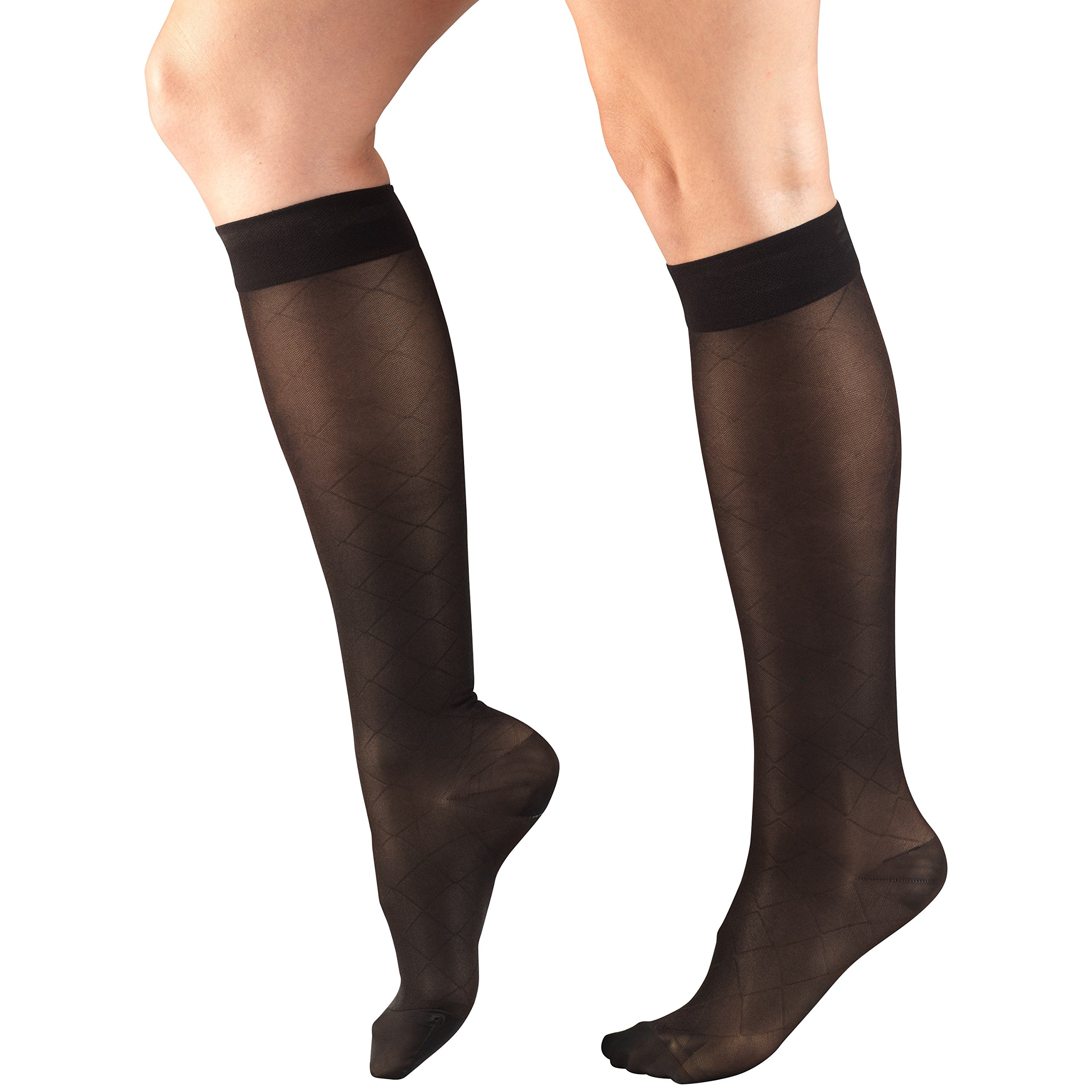 Truform Sheer Compression Stockings 15-20 mmHg for Women - Knee High Support Socks with Diamond Pattern in Black (Large) - Perfect for Travel, Work & Varicose Vein Relief