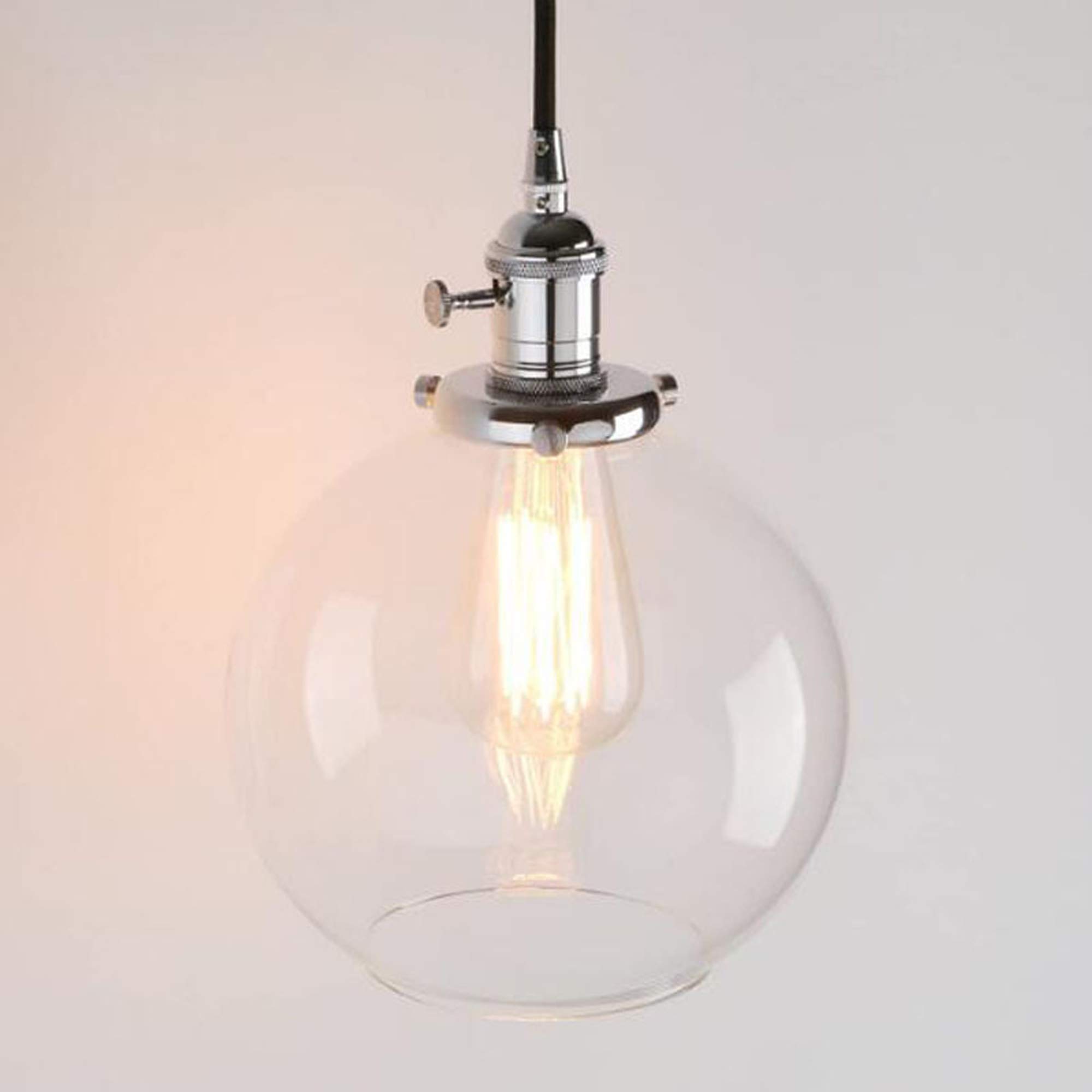 Plug-in Hanging Swag Lamp with 15ft Black Cord & UL Dimmer Switch - Clear Glass Globe Shade & Chrome Holder - No Wiring Needed Pendant Light for Kitchen Island, Dining Room, Bedroom or Living Room Decor