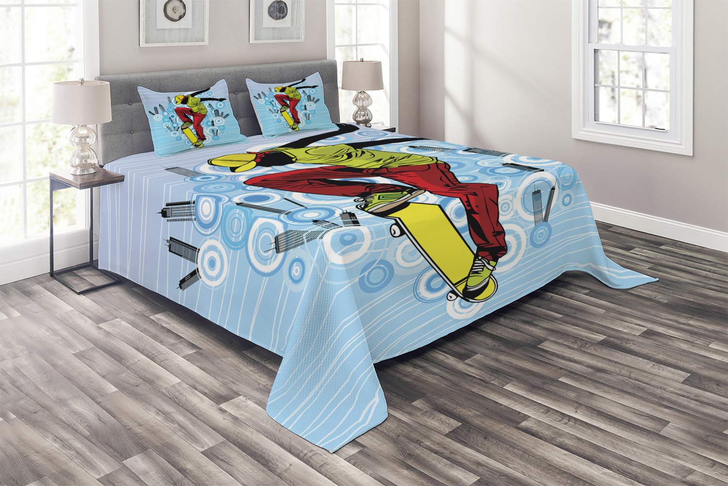 Ambesonne Youth Coverlet Set - King Size 3 Piece Quilted Bedspread with 2 Pillow Shams, Abstract Skateboard & Cityscape Design, Multicolor | Perfect for Teen Bedrooms, Dorm Decor & Modern Home Styling