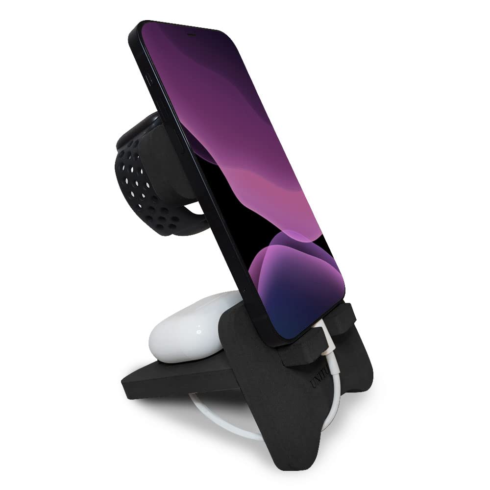Premium MDF Wooden Phone Stand for Desk - Black - Compatible with iPhone, Apple Watch & AirPods - Stylish Office & Home Desktop Accessory for Men & Women - Perfect for Work, Video Calls & Charging