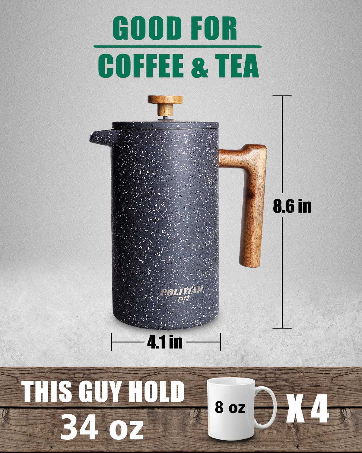 POLIVIAR 2.7 Quart Tea Kettle & 34oz French Press Coffee Maker with Teak Wood Handle - Stovetop Kettle & Coffee Press Combo for Home, Office & Camping (JX2020-NS)