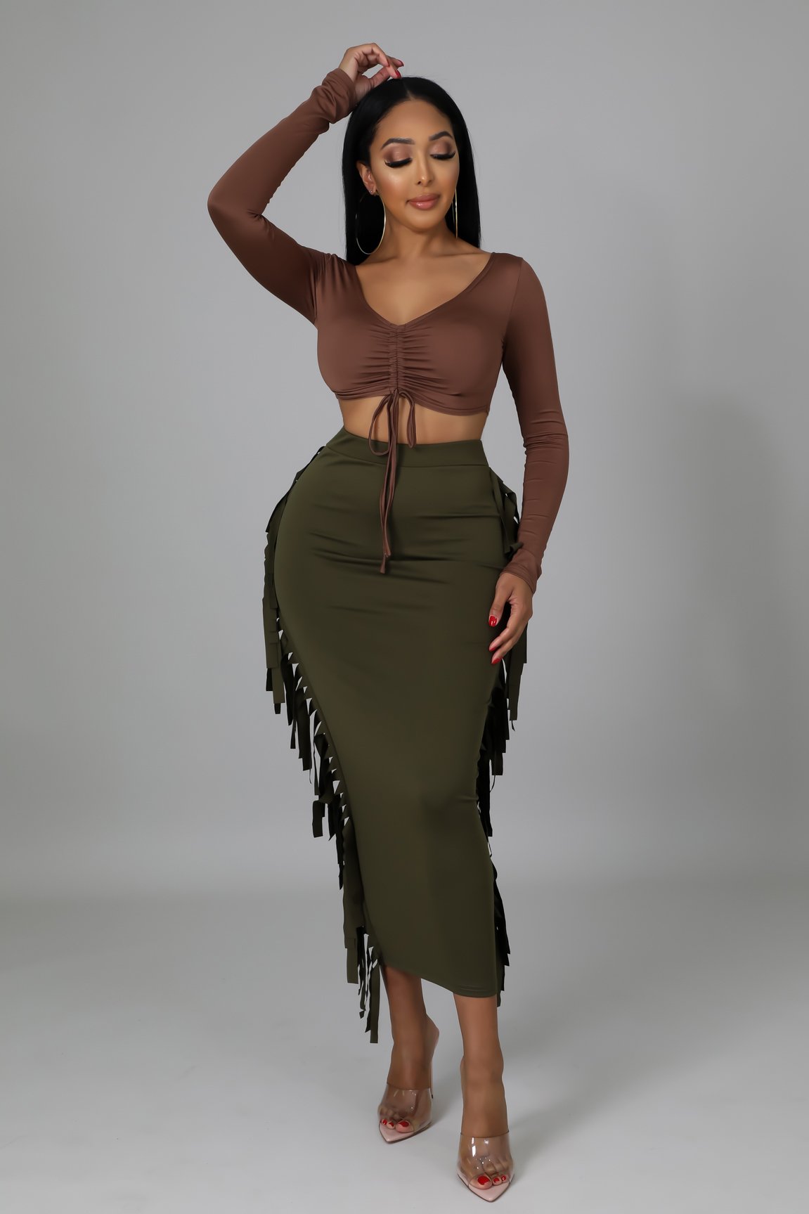 Camala Skirt in Olive Green - Women's A-Line Midi Skirt for Casual Wear, Office & Spring Outfits