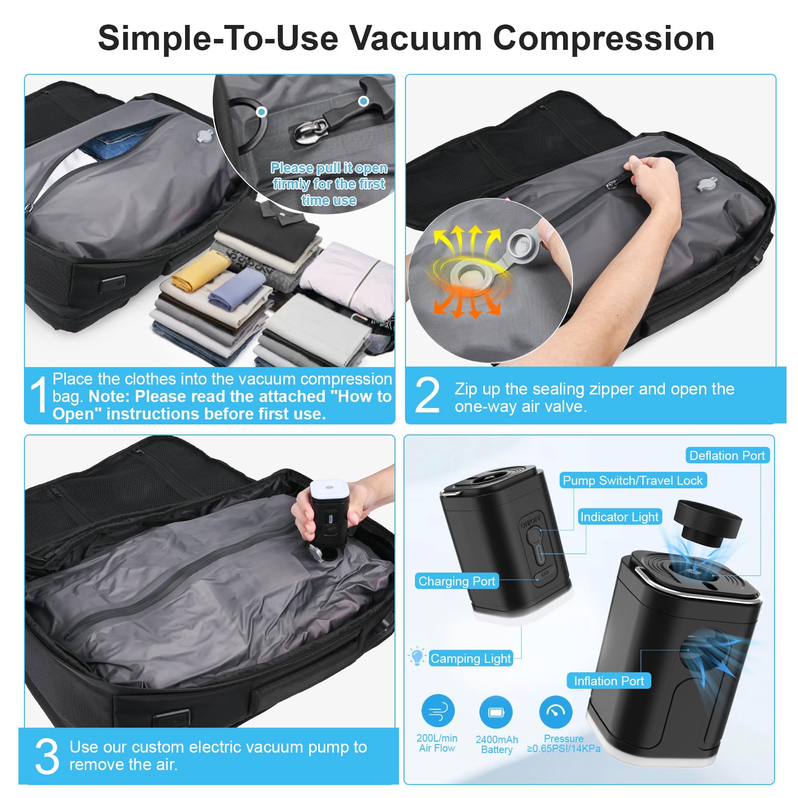Zurligi 70L Expandable Travel Backpack with Vacuum Compression System & Air Pump - Waterproof Hiking Backpack with USB Charging Port, TSA Lock for Laptop - Perfect for Business Trips, College, Camping & Weekend Getaways
