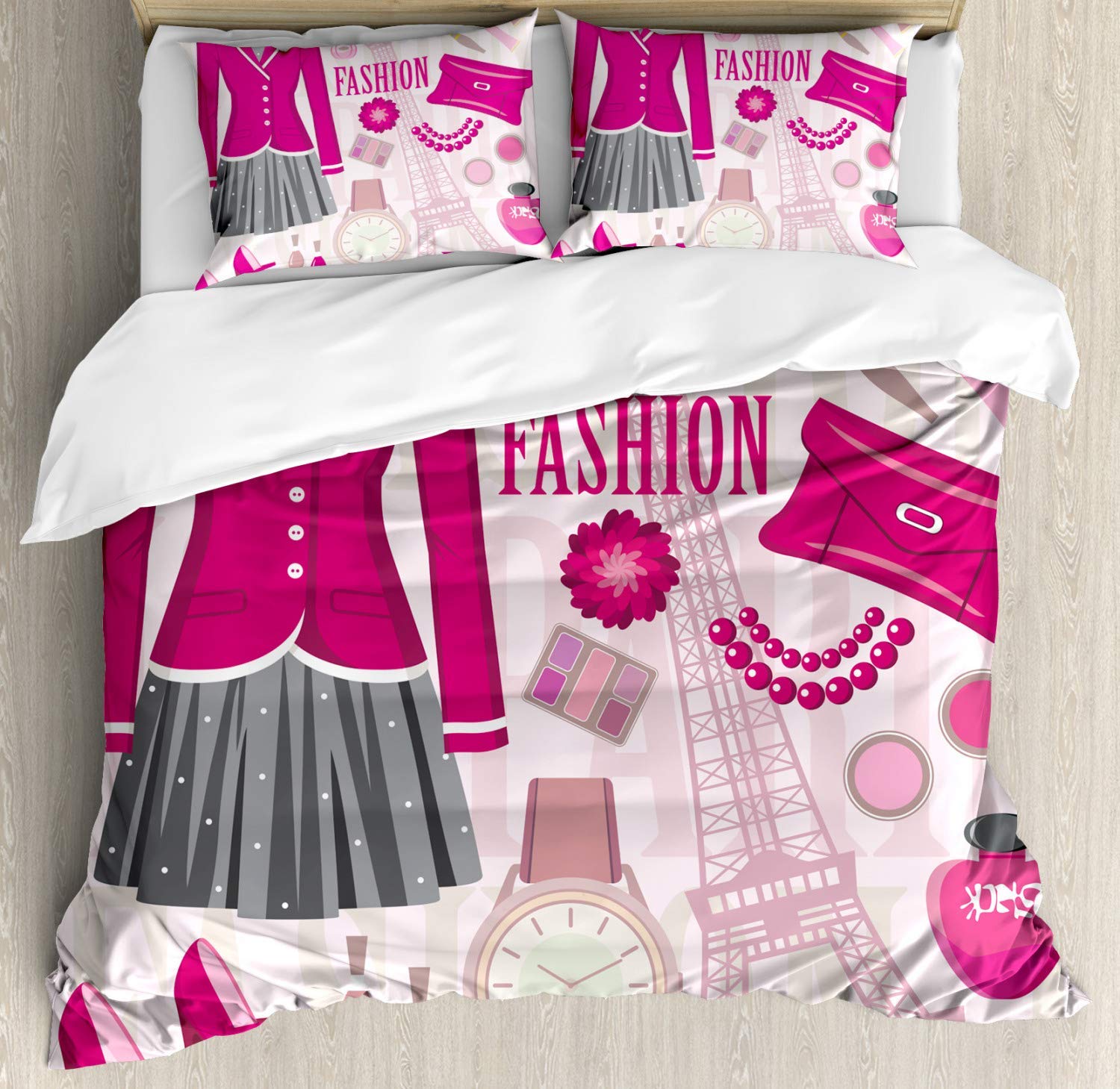 Verchant Fashion Paris Theme King Size Duvet Cover Set - 3 Piece Bedding with 2 Pillow Shams, Beige Pink Design Featuring Dresses, Watches, Purses & Perfume | Perfect for Paris-Themed Bedrooms, Guest Rooms & Luxury Home Decor