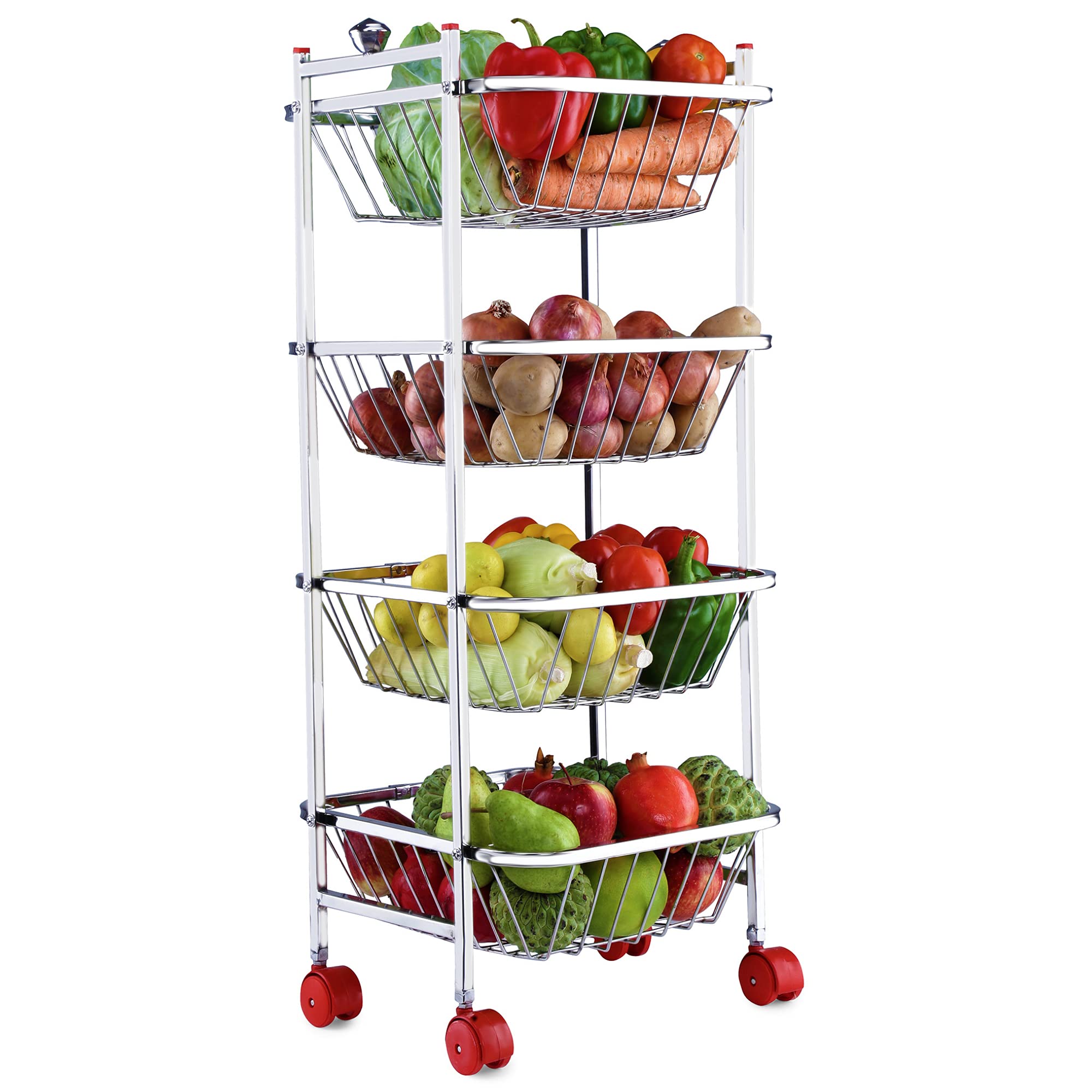LiMETRO 4-Tier Stainless Steel Kitchen Cart - Vegetable & Fruit Storage Basket Organizer for Onions, Potatoes, Pantry - Space Saving Rolling Trolley for Kitchen, Dining Room, Supermarket, Restaurant