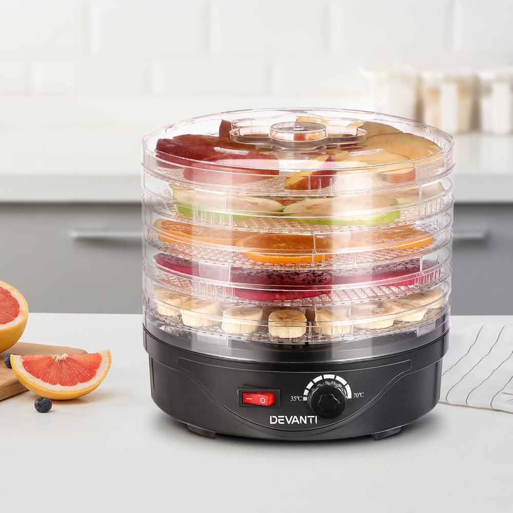 Devanti 5-Tray Food Dehydrator for Fruits, Vegetables & Jerky - Electric Food Dryer Machine for Healthy Snacks, Dog Treats & DIY Dehydrating - Perfect for Home, Camping & Meal Prep (Black)