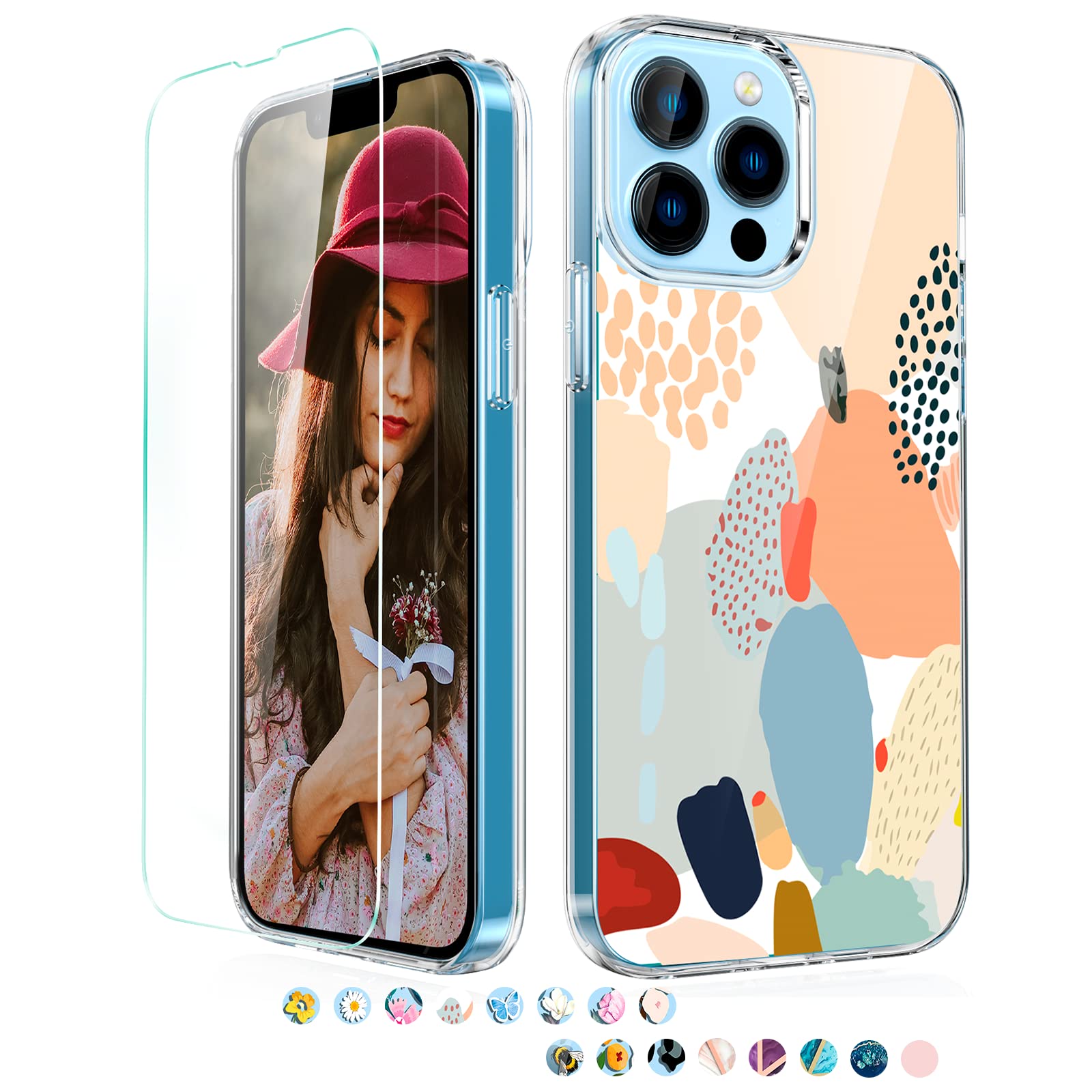 20 Stylish Patterns Slim Soft TPU Shockproof iPhone 13 Pro Case with Screen Protector - Durable Protection for Everyday Use, Work & Travel