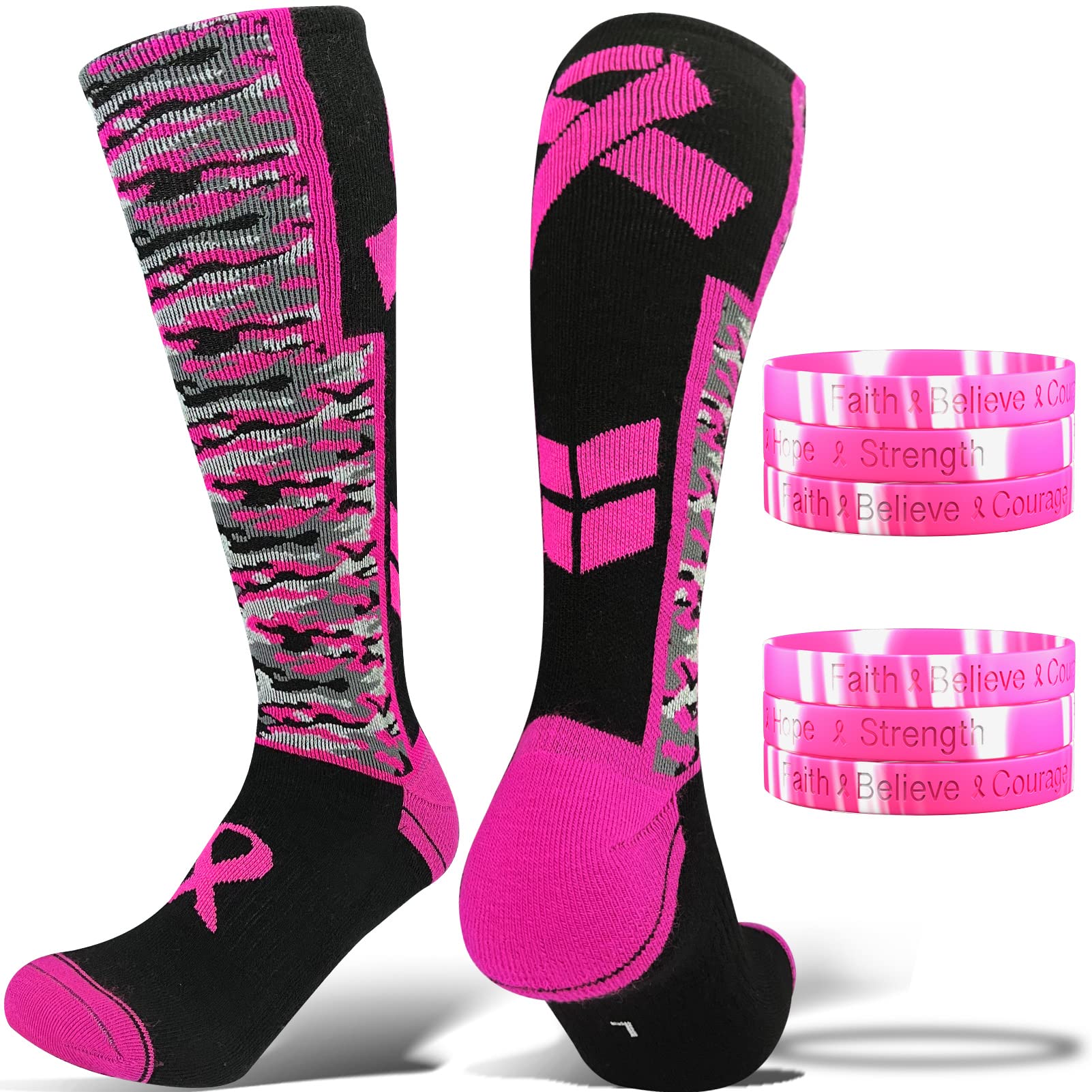 1/12/24 Pairs Pink Ribbon Breast Cancer Awareness Socks for Women & Men - Football, Baseball Support Socks for Adults & Youth - Perfect for Fundraising, Sports Events & Daily Wear