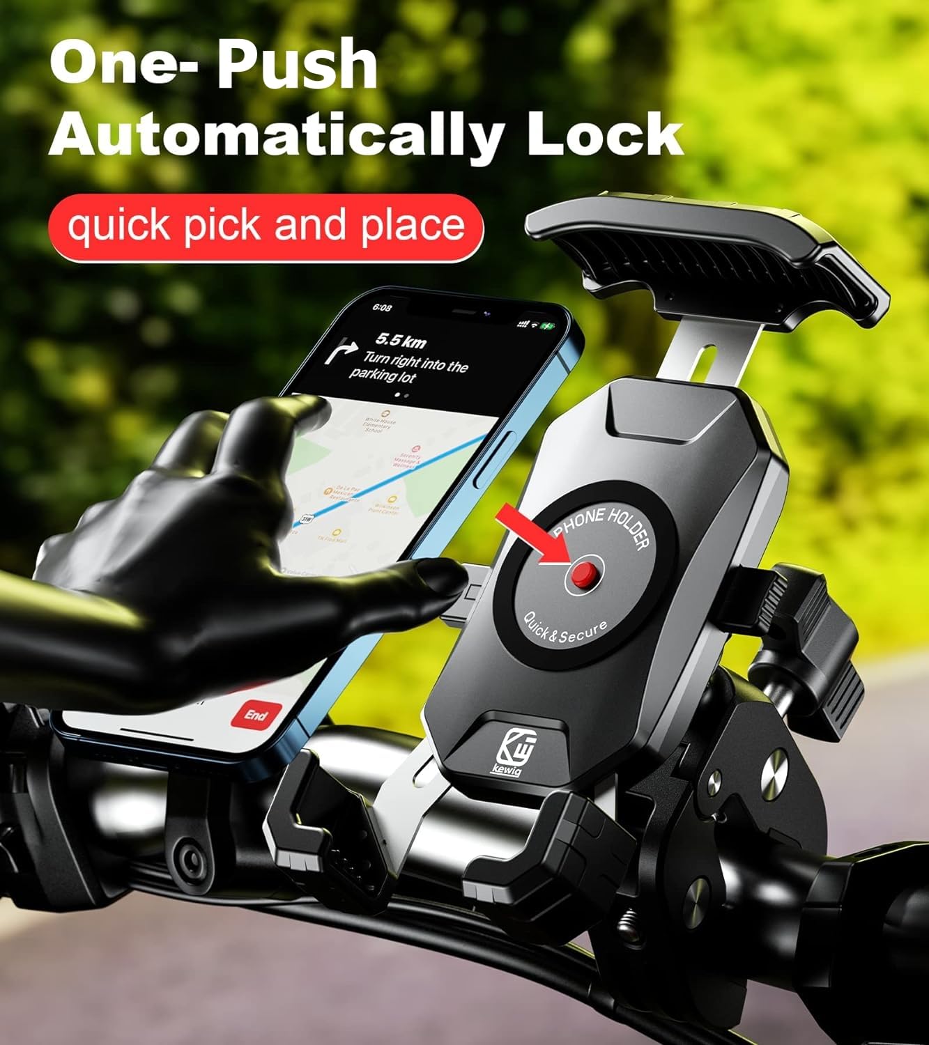 Kewig Universal Motorcycle Phone Mount - Quick Release Handlebar Clamp for iPhone 14 Plus/Pro Max, Galaxy S10 & 4.0-7.0