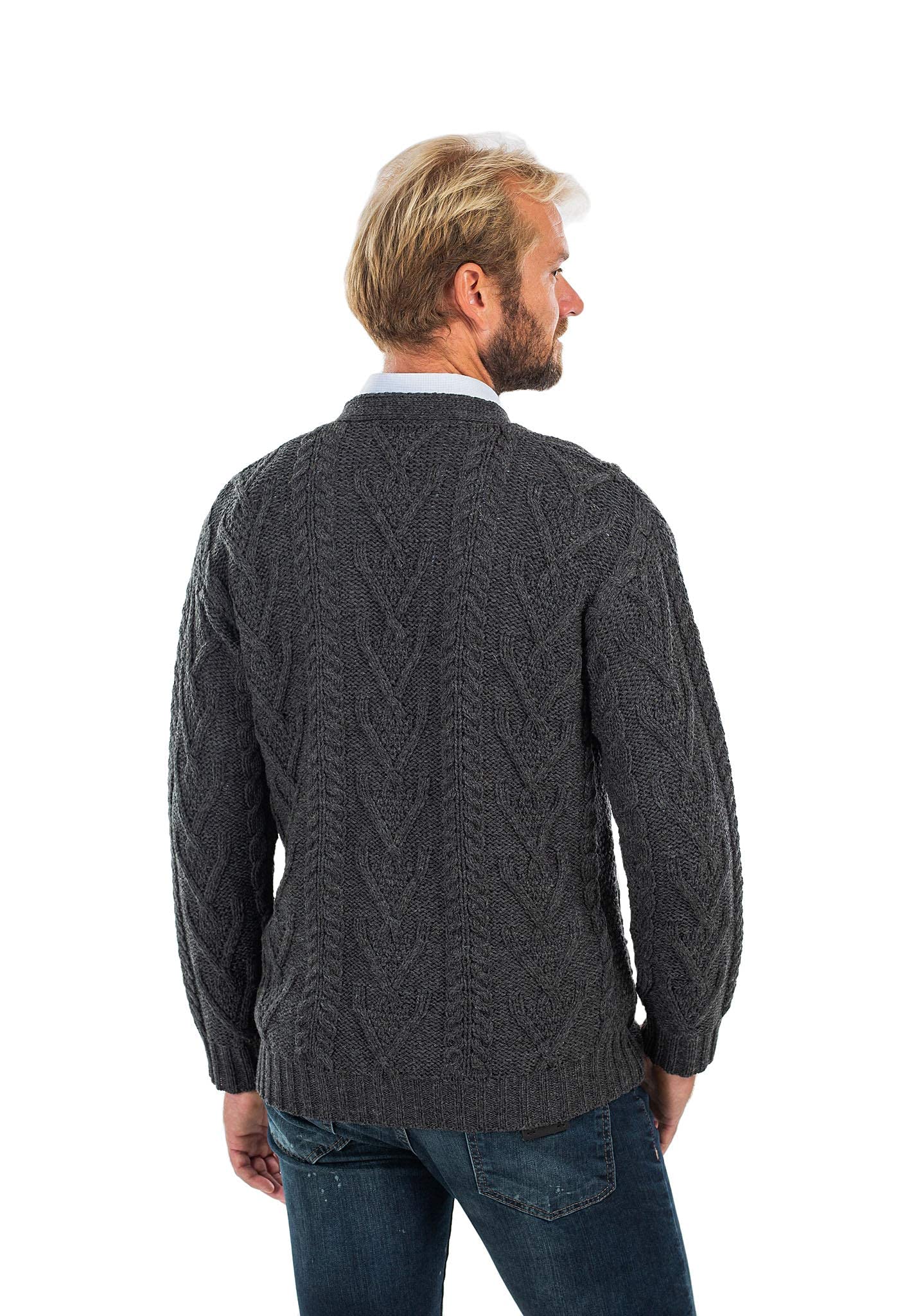 SAOL 100% Merino Wool Men's Aran Cable Knit V-Neck Cardigan Sweater - Irish Style Button-Up Casual Pullover with Pockets - Perfect for Fall, Winter & Office Wear