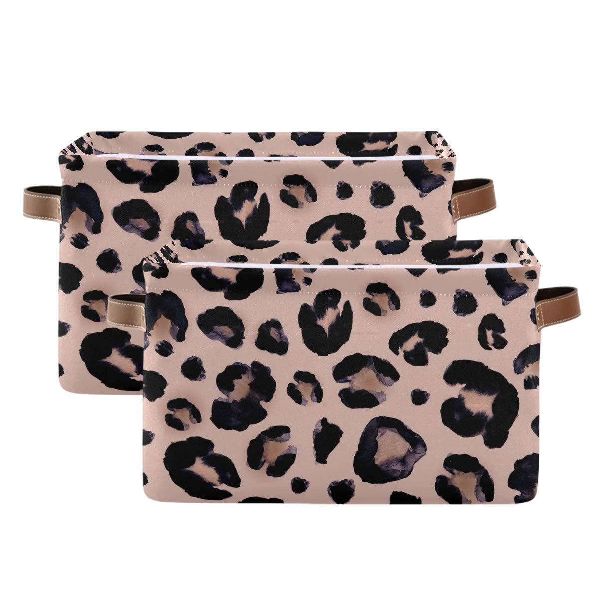 AGONA Large Foldable Storage Bin with Leather Handles - Collapsible Fabric Storage Basket for Home, Closet & Bedroom Organization (Leopard Pink, 1 Pack) - Perfect for Nursery, Pet Supplies & Seasonal Decor Storage