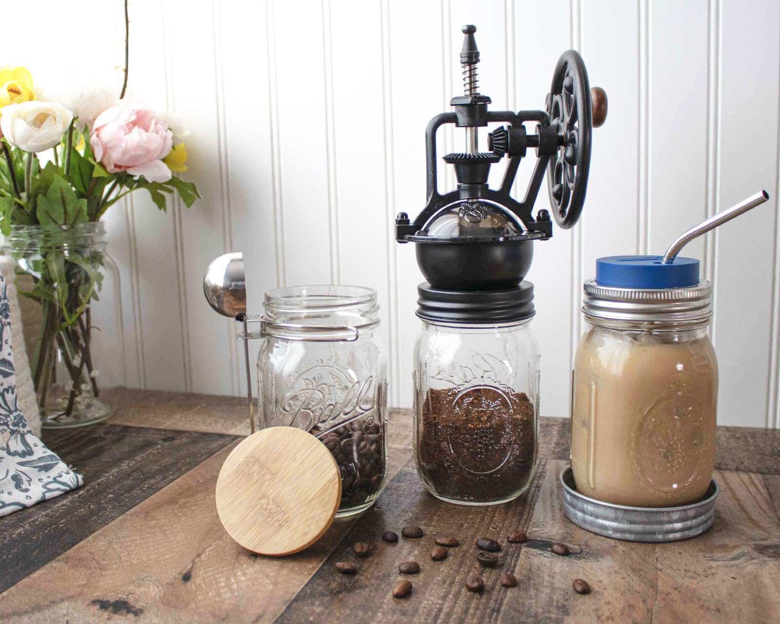 Vintage Style Manual Coffee Grinder - Adjustable Ceramic Burr Mill for Regular Mouth Mason Jars - Perfect for Home Brewing, Camping & Gifts