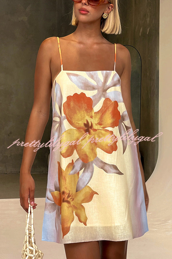 Floral Print Linen Blend Slip Mini Dress - Summer H-Line Dress for Women | Perfect for Beach Vacations, Brunch Dates & Casual Outings